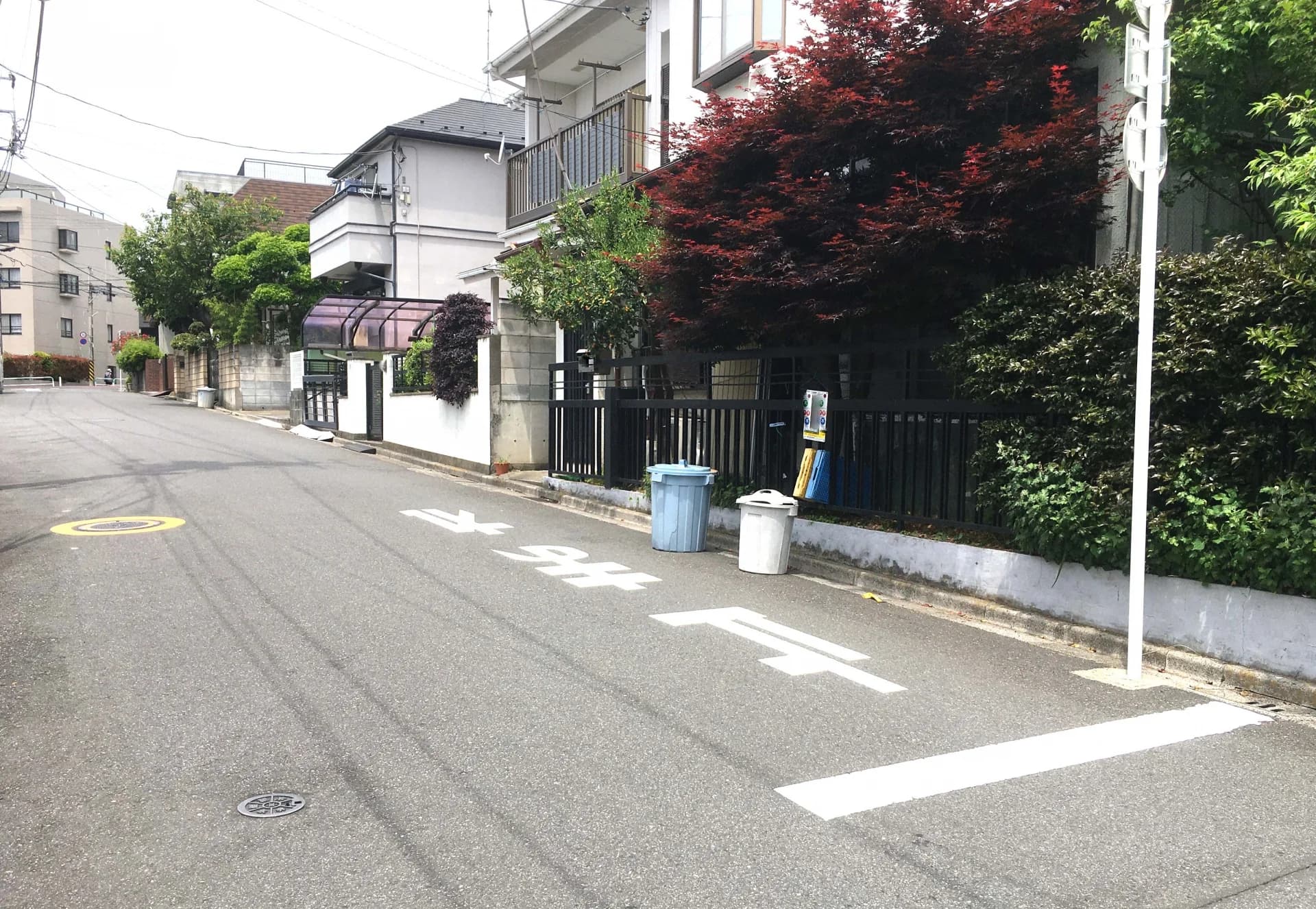 板橋区の住宅街で生垣と庭木のある戸建てが並ぶ緩やかな坂道（板橋区の空き家買取のイメージ）
