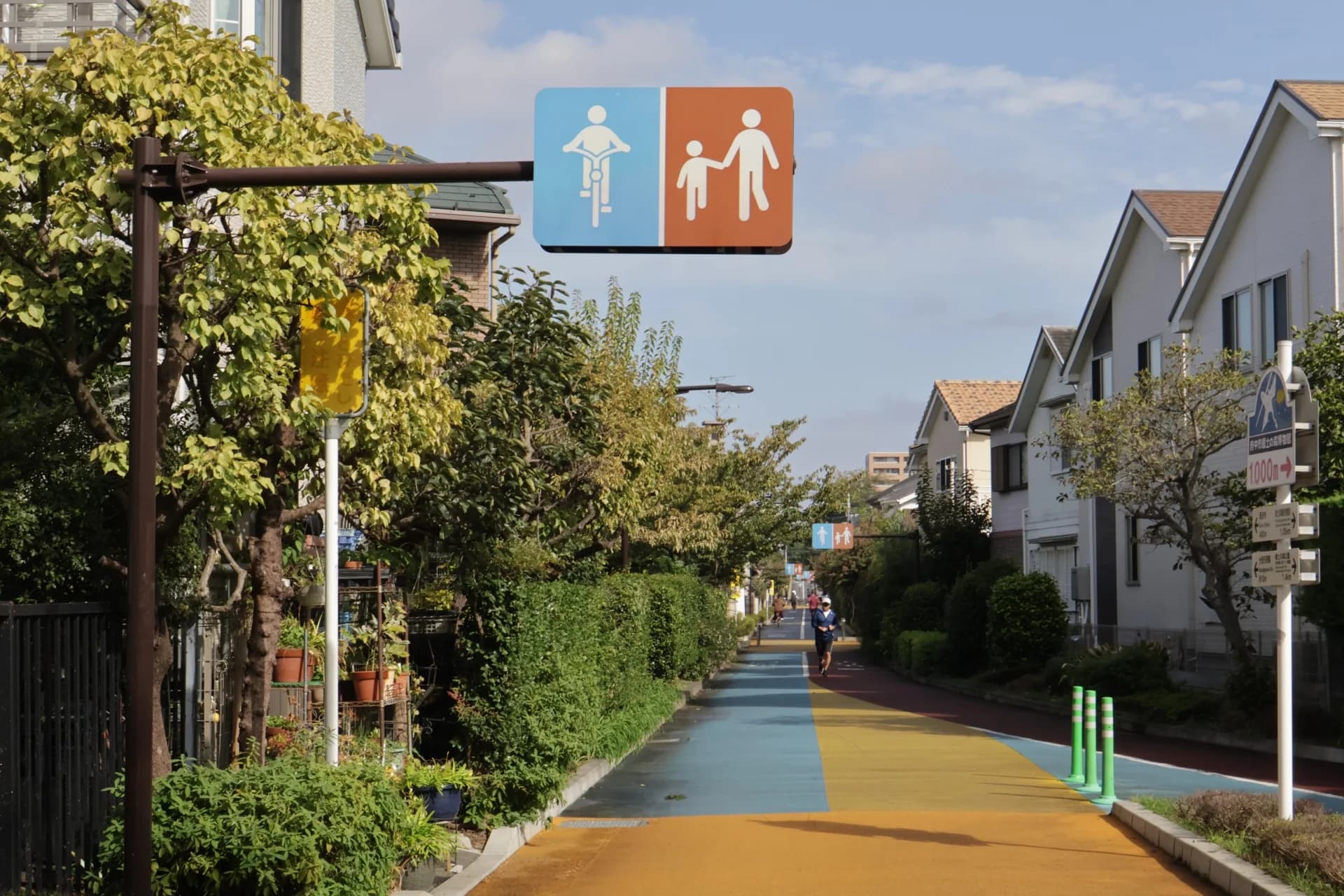 府中市の戸建て住宅に沿って続く自転車道と歩道が分かれた並木道（府中市の空き家買取のイメージ）