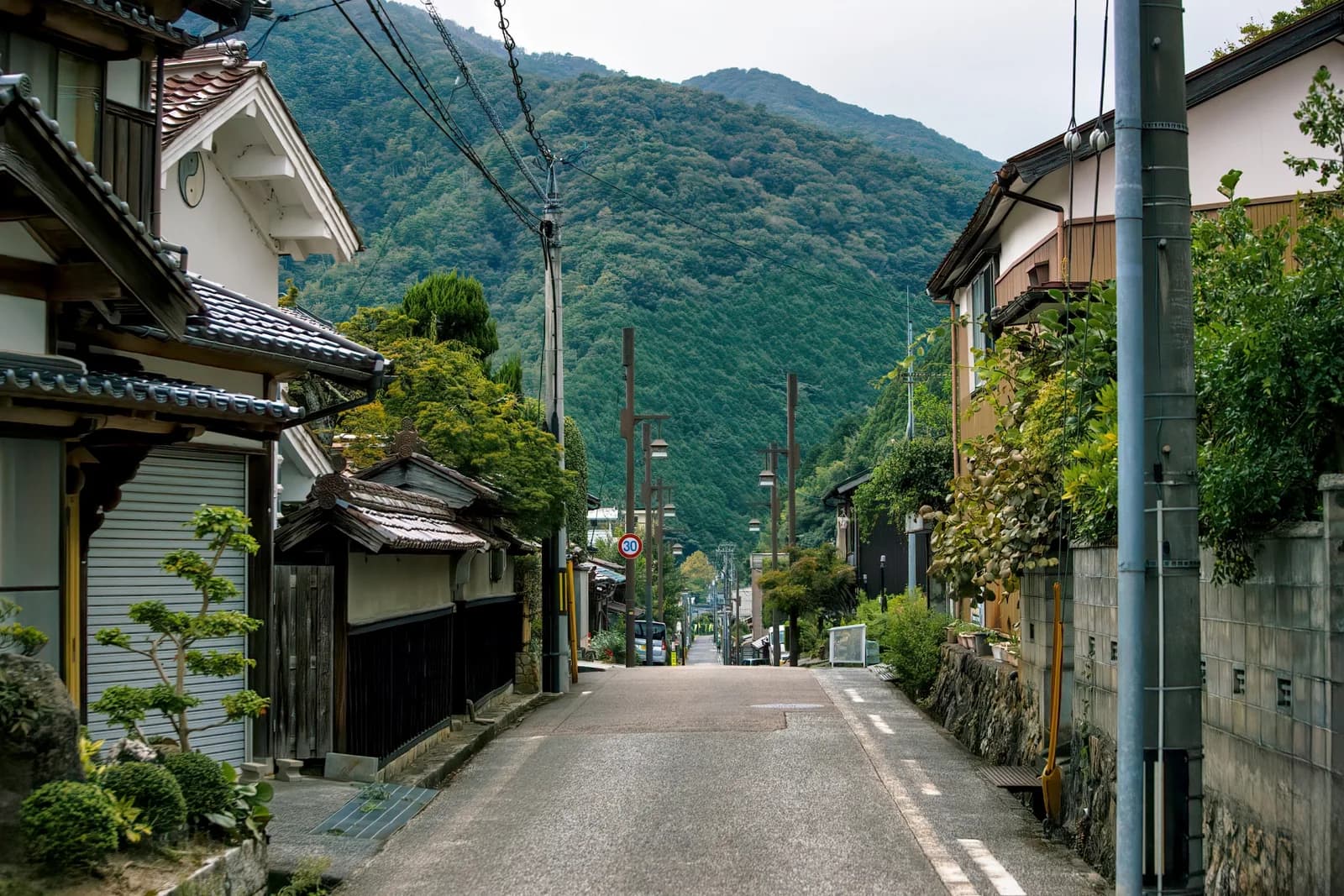 山あいに古い家が並ぶ鳥取県智頭町の智頭宿の街並み(鳥取県の空き家処分に関する記事のイメージ)