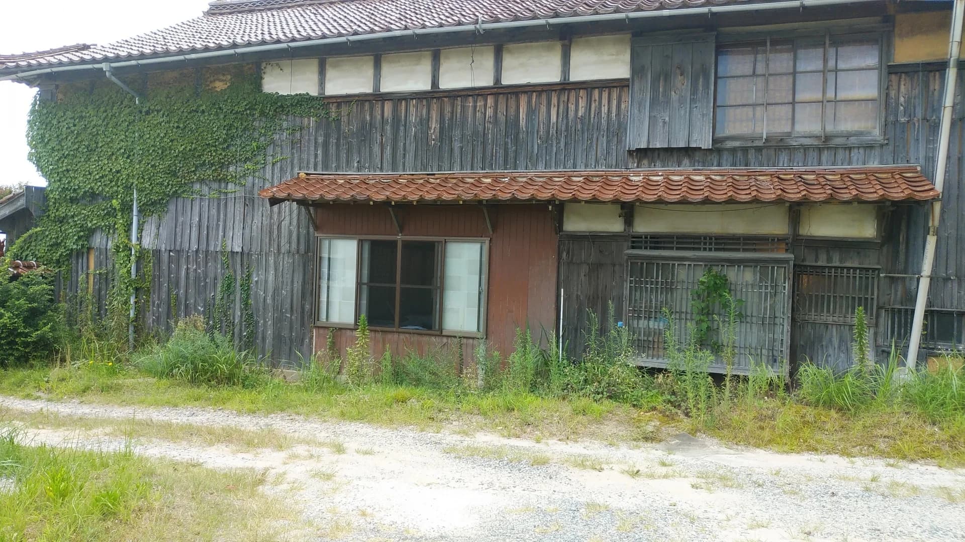 蔦の絡まる古い木造二階建ての家と空き地