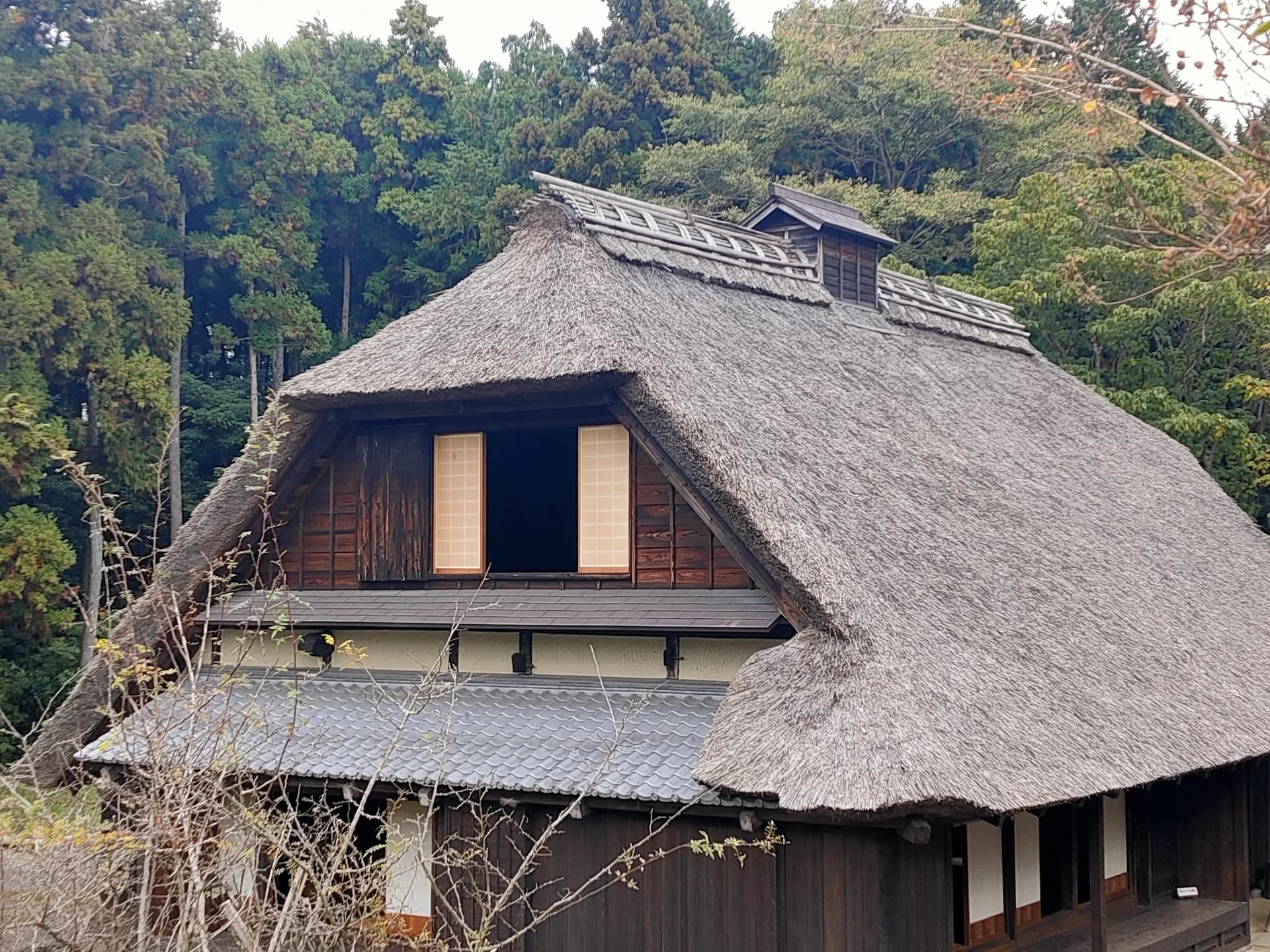 山あいに建つ茅葺き屋根の古い家