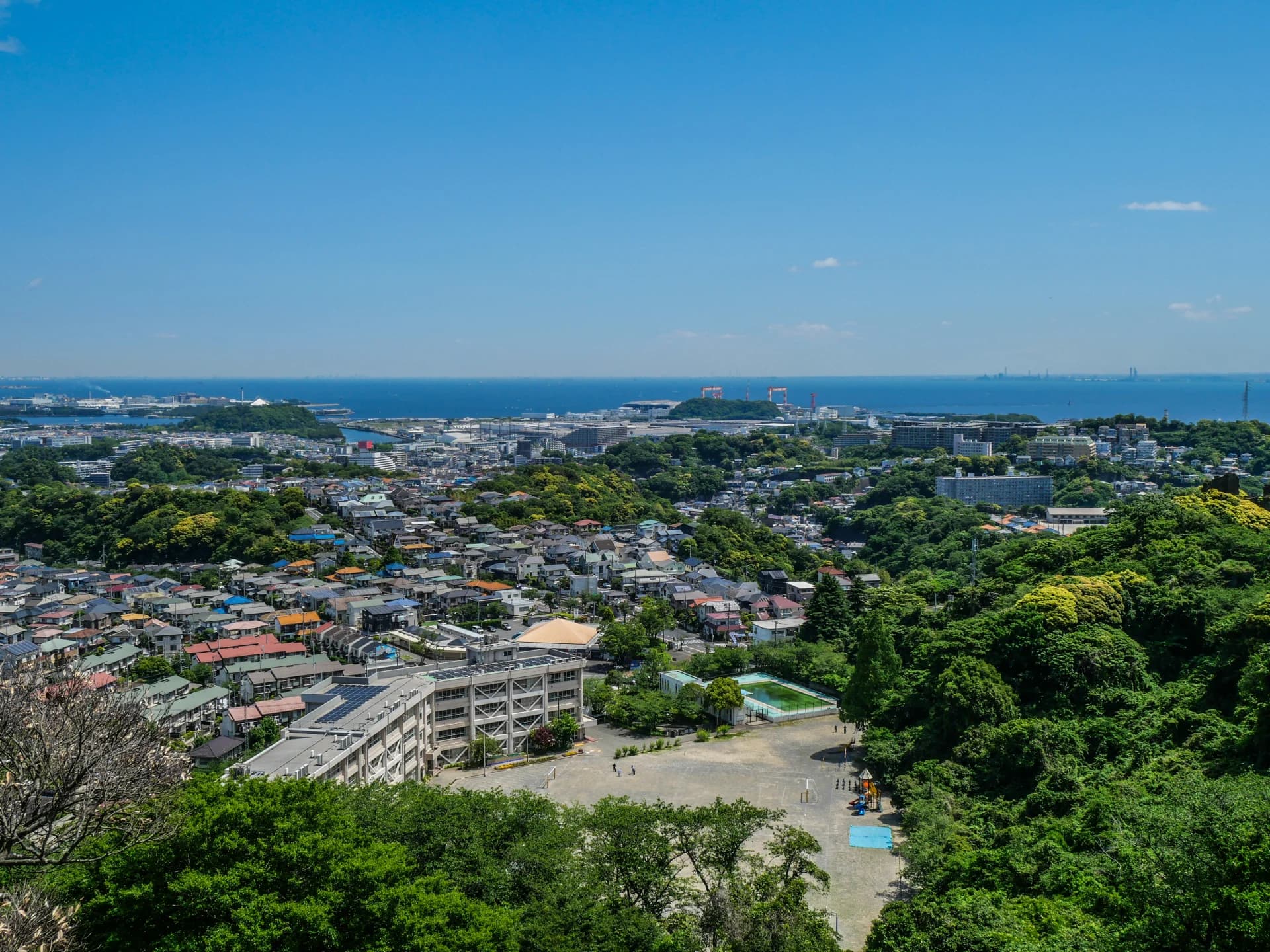 鷹取山から見下ろした緑の丘陵に戸建て住宅が広がり奥に海が見える横須賀市の街並み(横須賀市の空き家買取のイメージ)