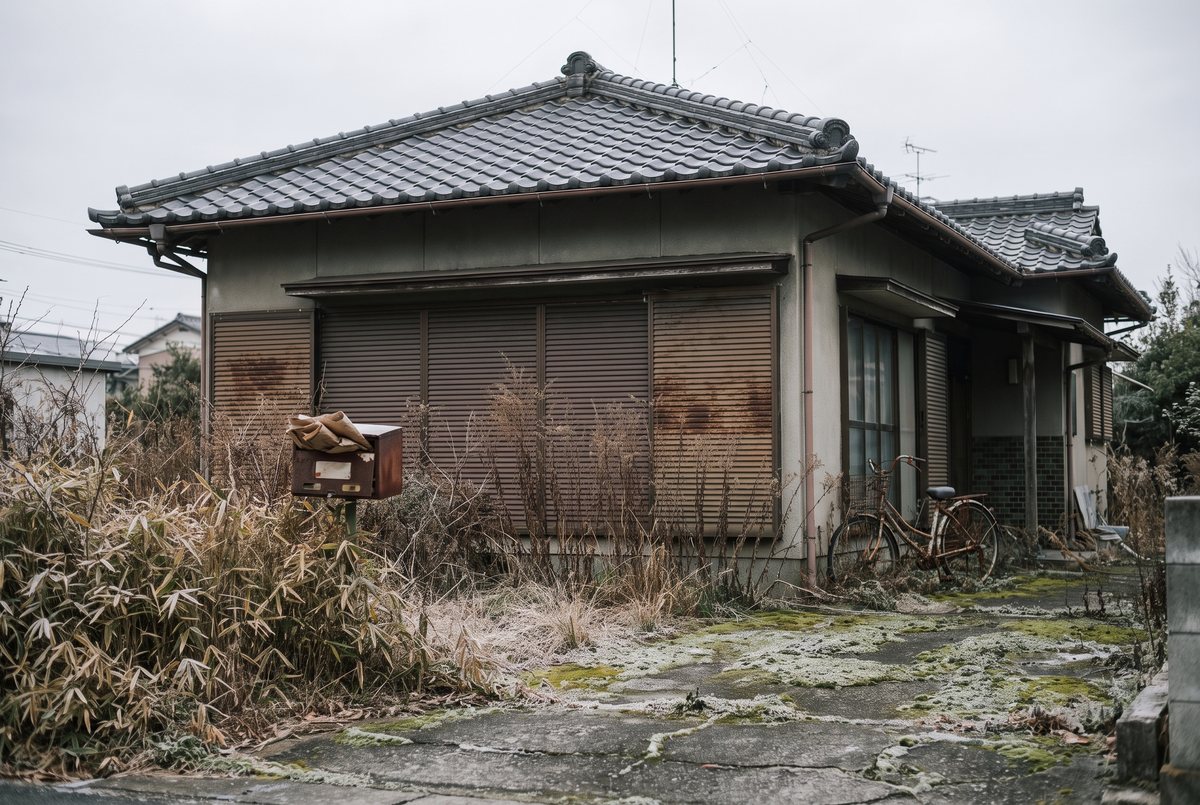 雨戸を閉めたまま前庭に草が伸びた、瓦屋根の木造住宅