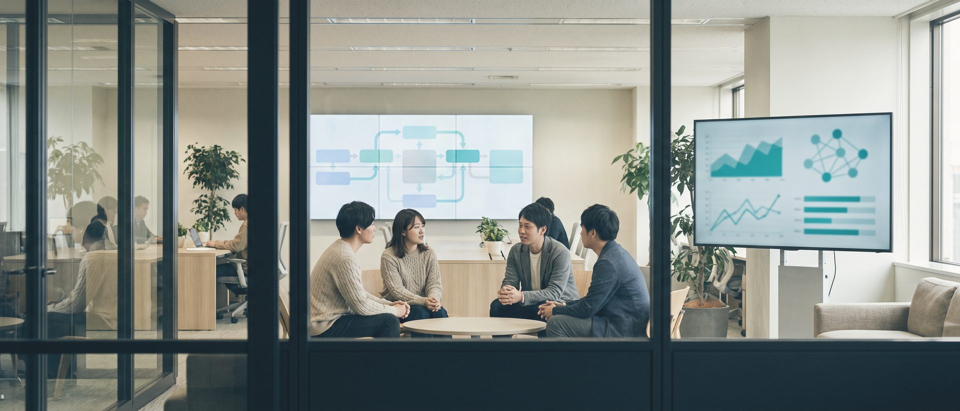 ガラスの仕切り越しに見た明るい執務フロア。低いテーブルを囲んで4人が話していて、奥の壁の大きなパネルに箱と矢印が並び、右のモニターに折れ線が出ている