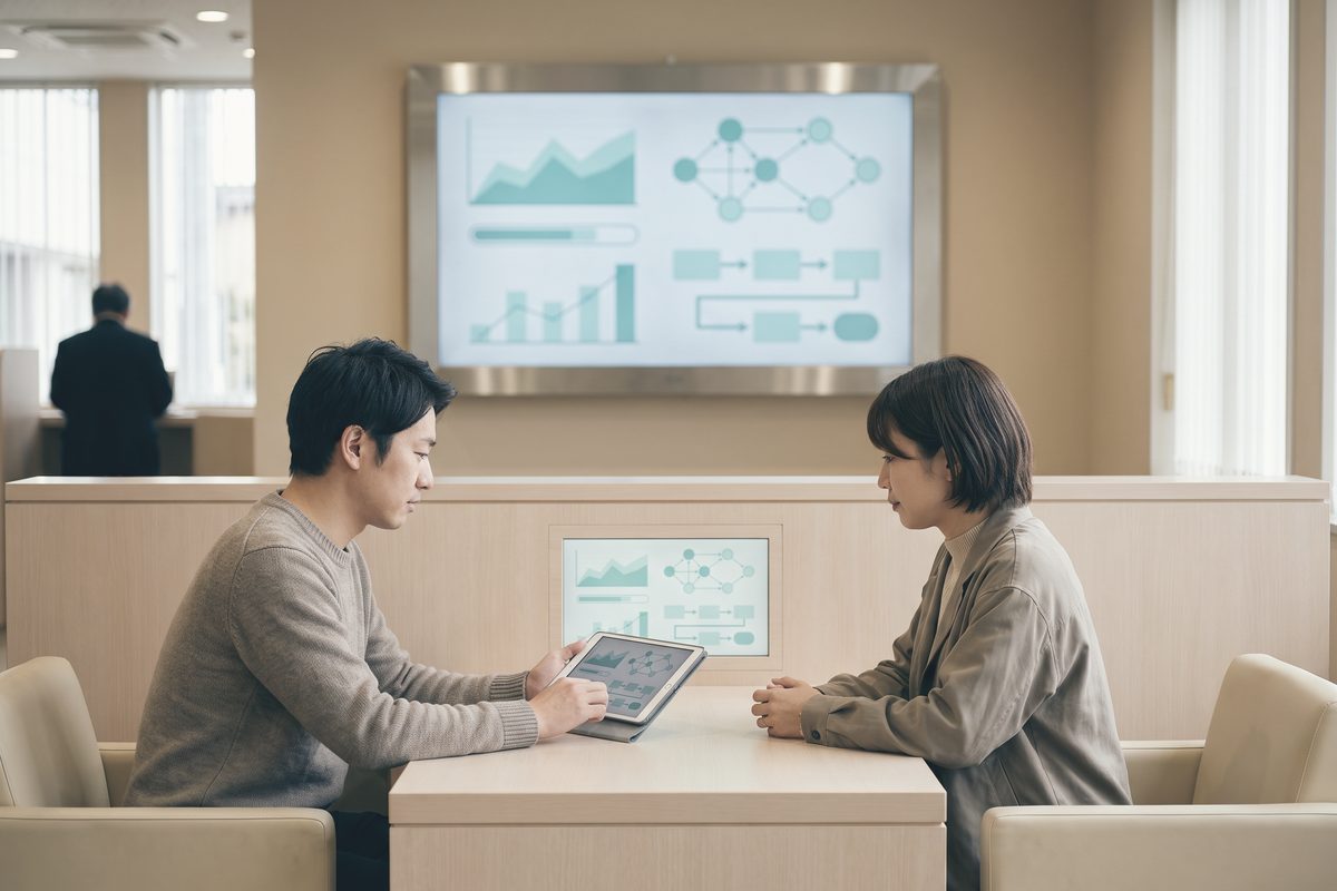 金融機関の相談窓口のブースで、机を挟んで向かい合う2人。手元のタブレットと壁の画面に、折れ線と点をつないだ模様が出ている