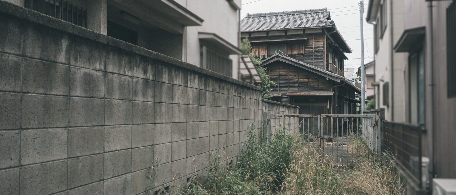 コンクリートブロックの塀と隣の家に挟まれた奥に、古い木造2階建ての家が建っている。足もとに草が伸び、錆びた門がある