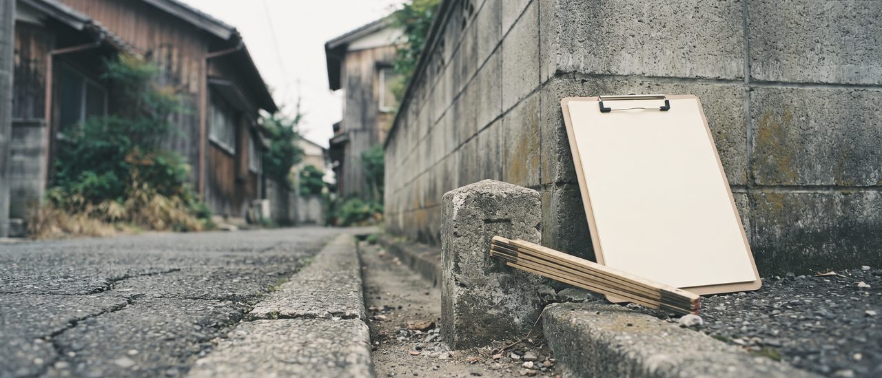 古い木造の家が並ぶ細い路地の角。ブロック塀の足もとのコンクリートの境界標に、木の折れ尺とクリップボードが立てかけてある