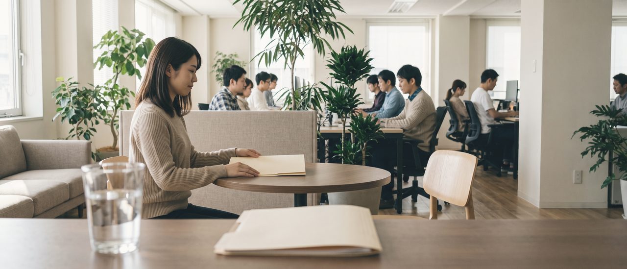 明るい執務フロアの入口近くの丸テーブルで、1人が書類ばさみをそろえている。手前の机には水の入ったグラスと閉じた書類ばさみ
