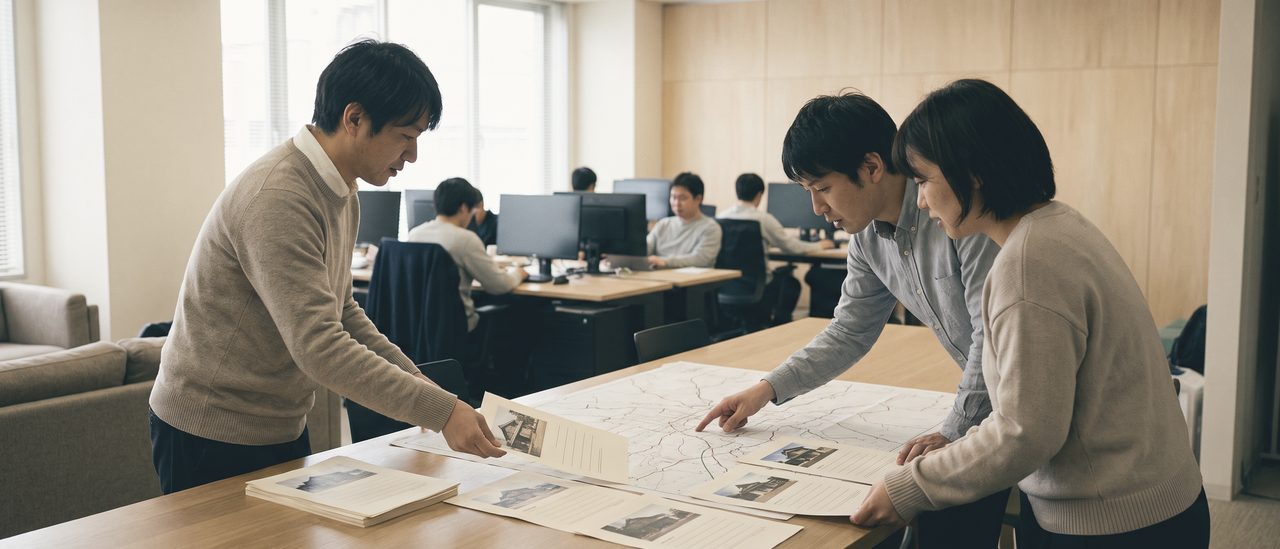 町の道路の線だけの地図を広げた机に、古い家の写真を載せた紙が並んでいる。1人が紙を1枚ずつ分けて置き、2人が身を乗り出して地図を指している