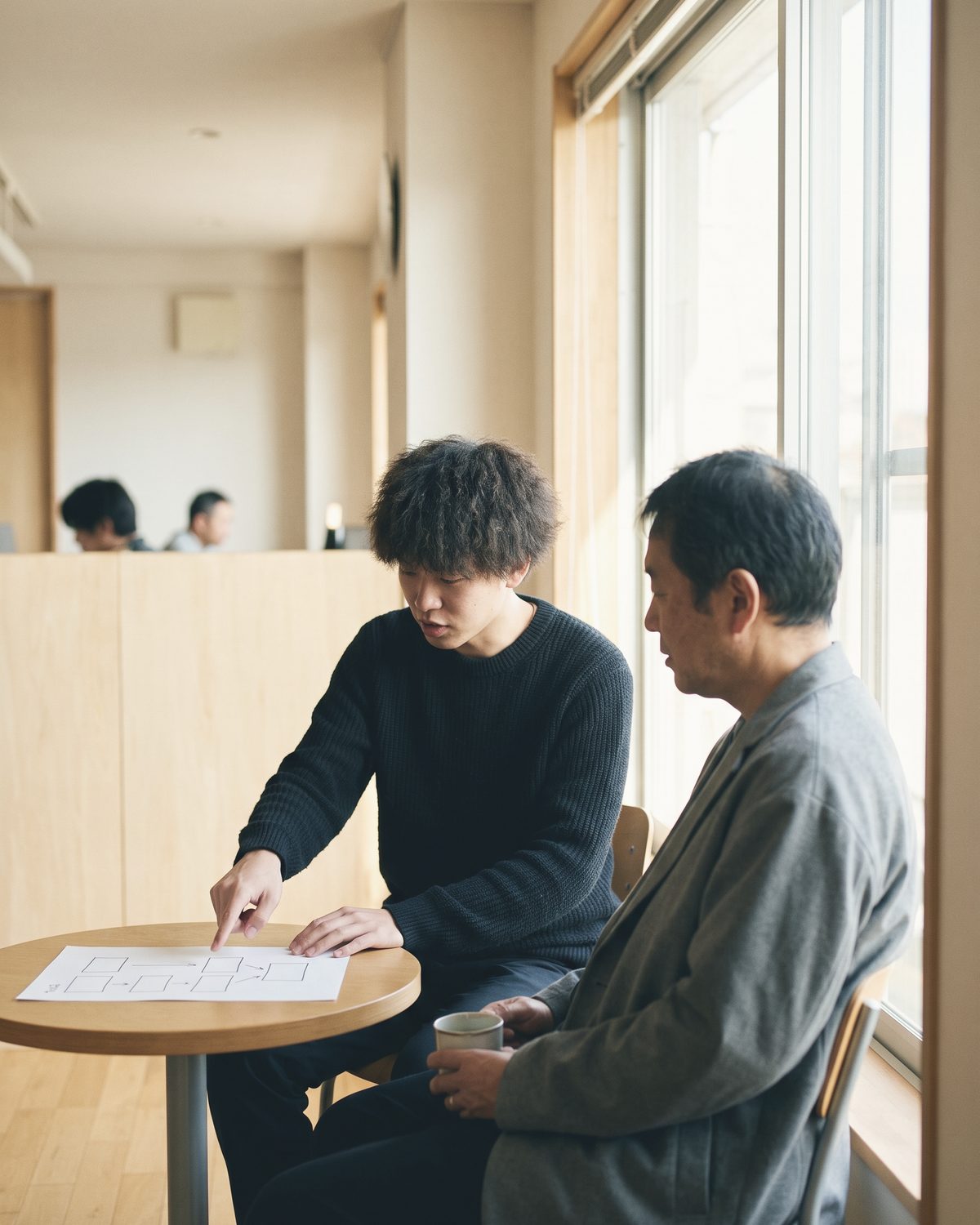 窓際の丸テーブルで、若い人が紙に描いた箱と矢印を指しながら説明し、年上の人が湯のみを手に聞いている