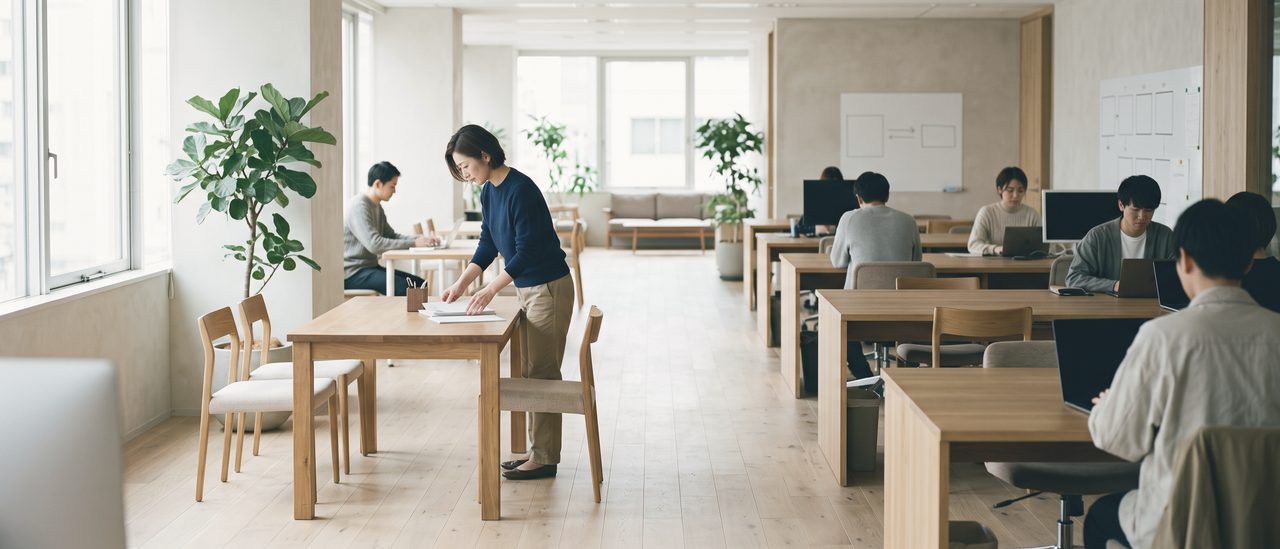 明るいフロアの手前の木の机で、ひとりが書類をそろえている。奥ではいくつかの机で人が作業している