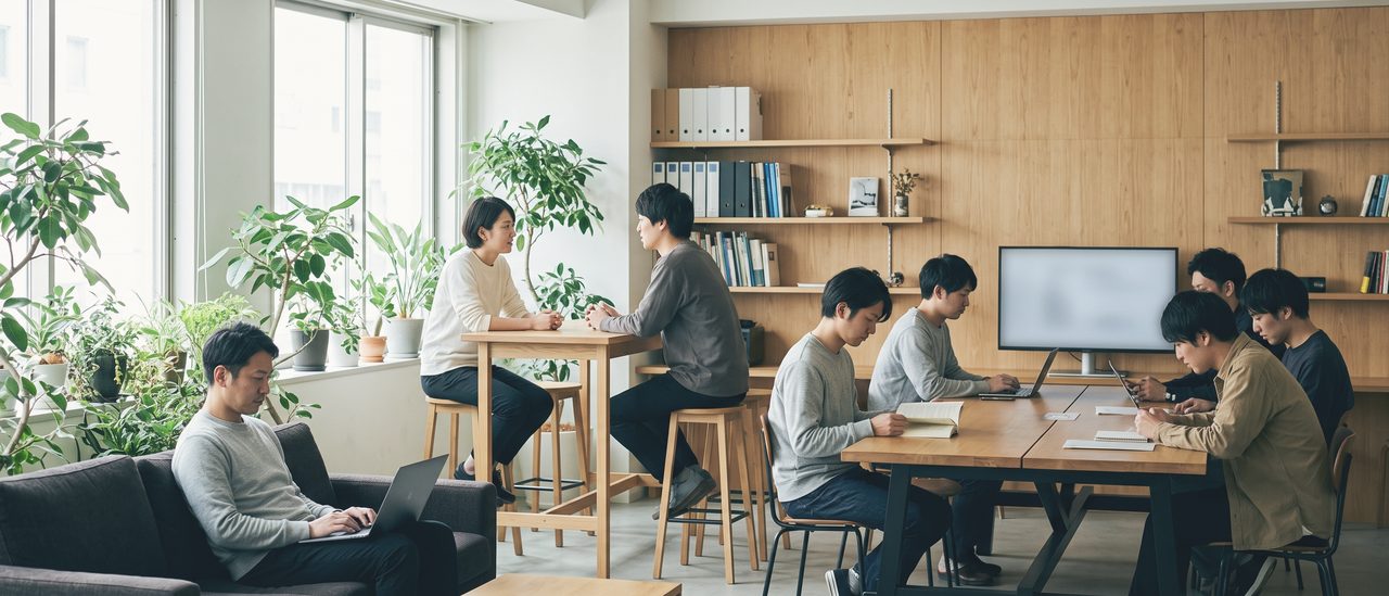 ソファと木の机、観葉植物のある明るい共有スペース。棚の壁の手前で、ソファや高いテーブルで数人が思い思いに作業している