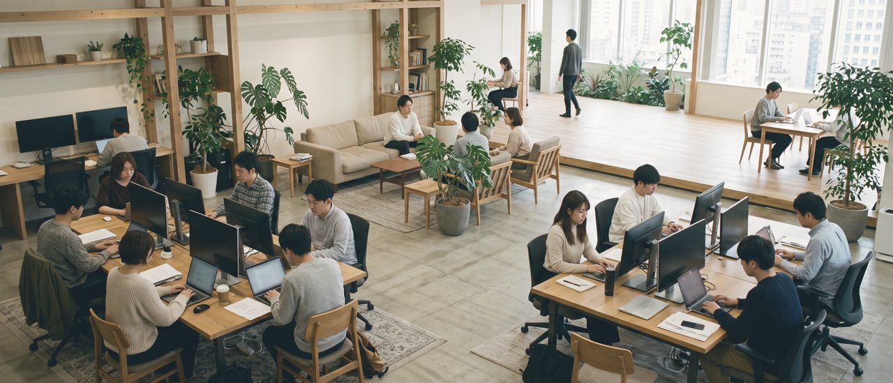 観葉植物と本棚、ソファのある明るい執務フロア。いくつかの机の島で、それぞれが画面に向かっている