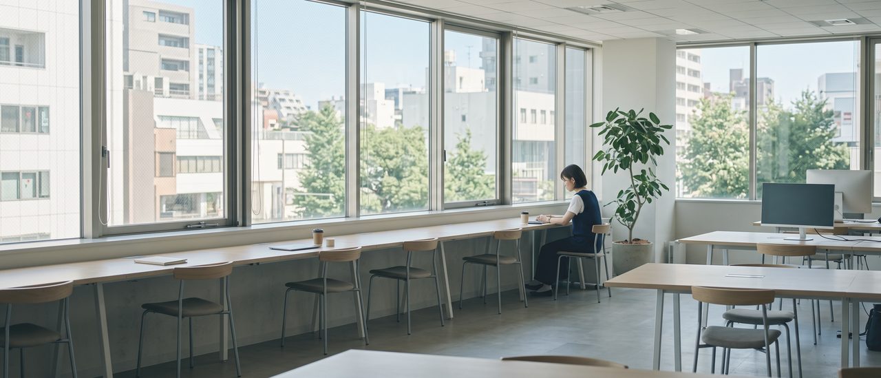 窓に沿って並ぶ机の端で、ひとりだけがノートパソコンに向かっている明るい午後のフロア
