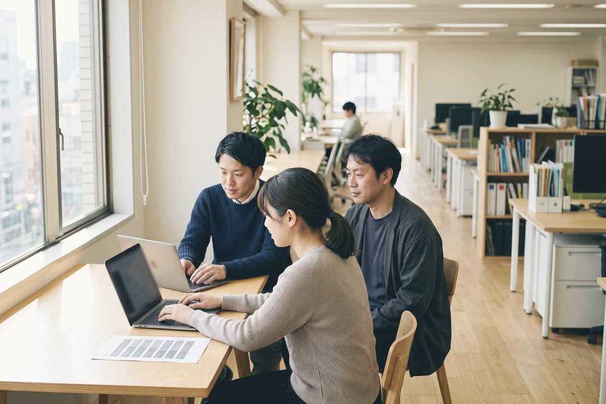 窓際の木の机で、3人がノートパソコンと印刷した資料を前に作業している