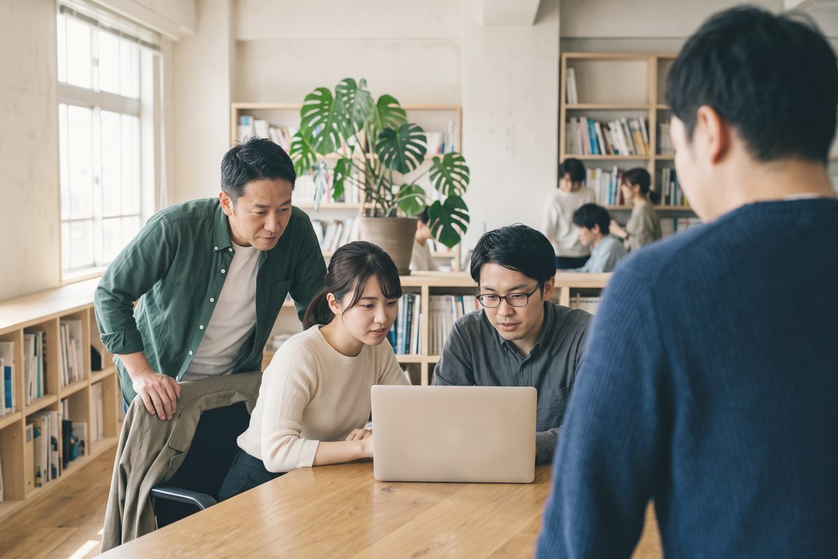 本棚と観葉植物のある部屋の木の長机で、2人が1台のノートパソコンを見ていて、もう1人が椅子の背にもたれて加わっている