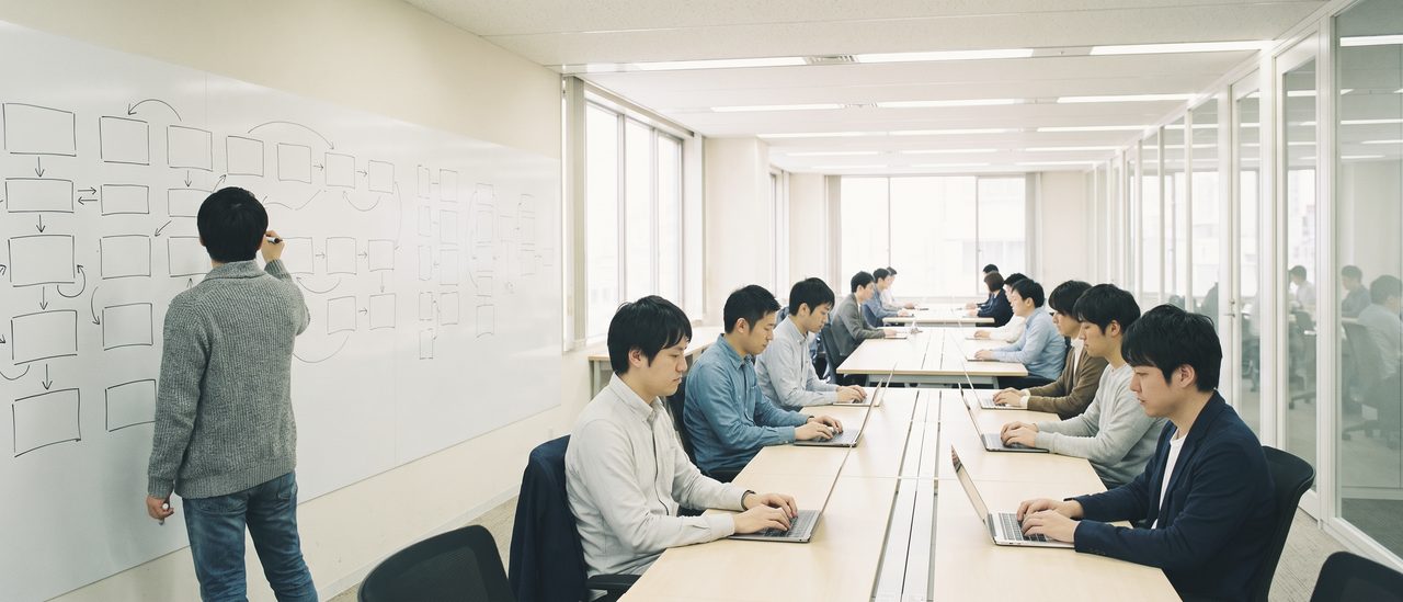 執務フロアの端に置いたホワイトボードに、空の箱と矢印だけの図を描いている人と、座って聞いている人