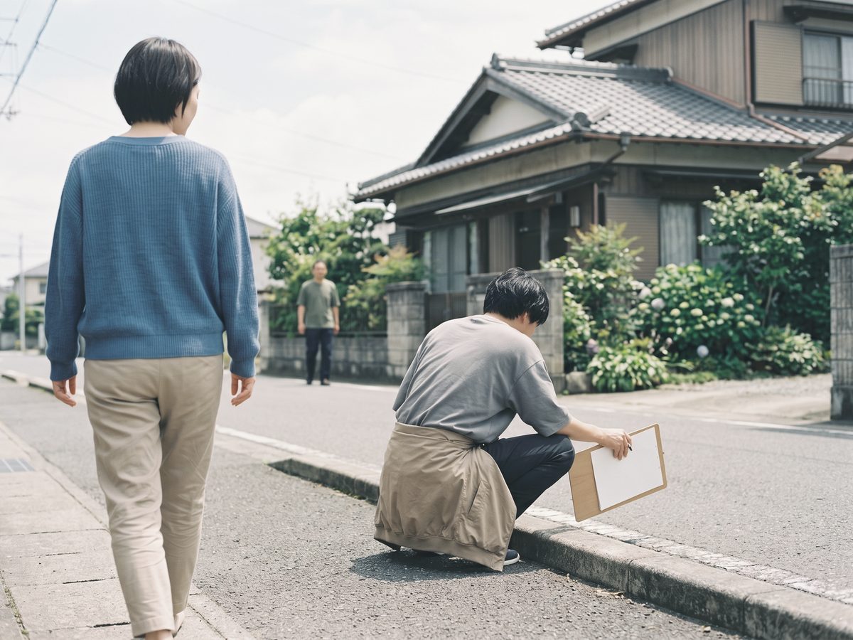 晴れた日の住宅街の道の端にしゃがみ、板を手に足元を確かめている人。手前をもうひとりが歩いていく