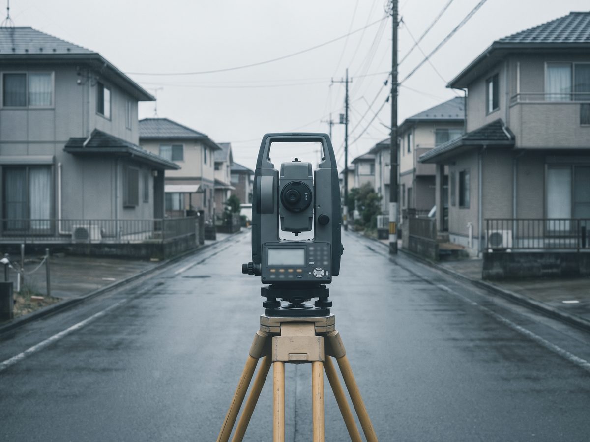 住宅街の道路の真ん中に三脚で据えた測量機を、正面から見たところ