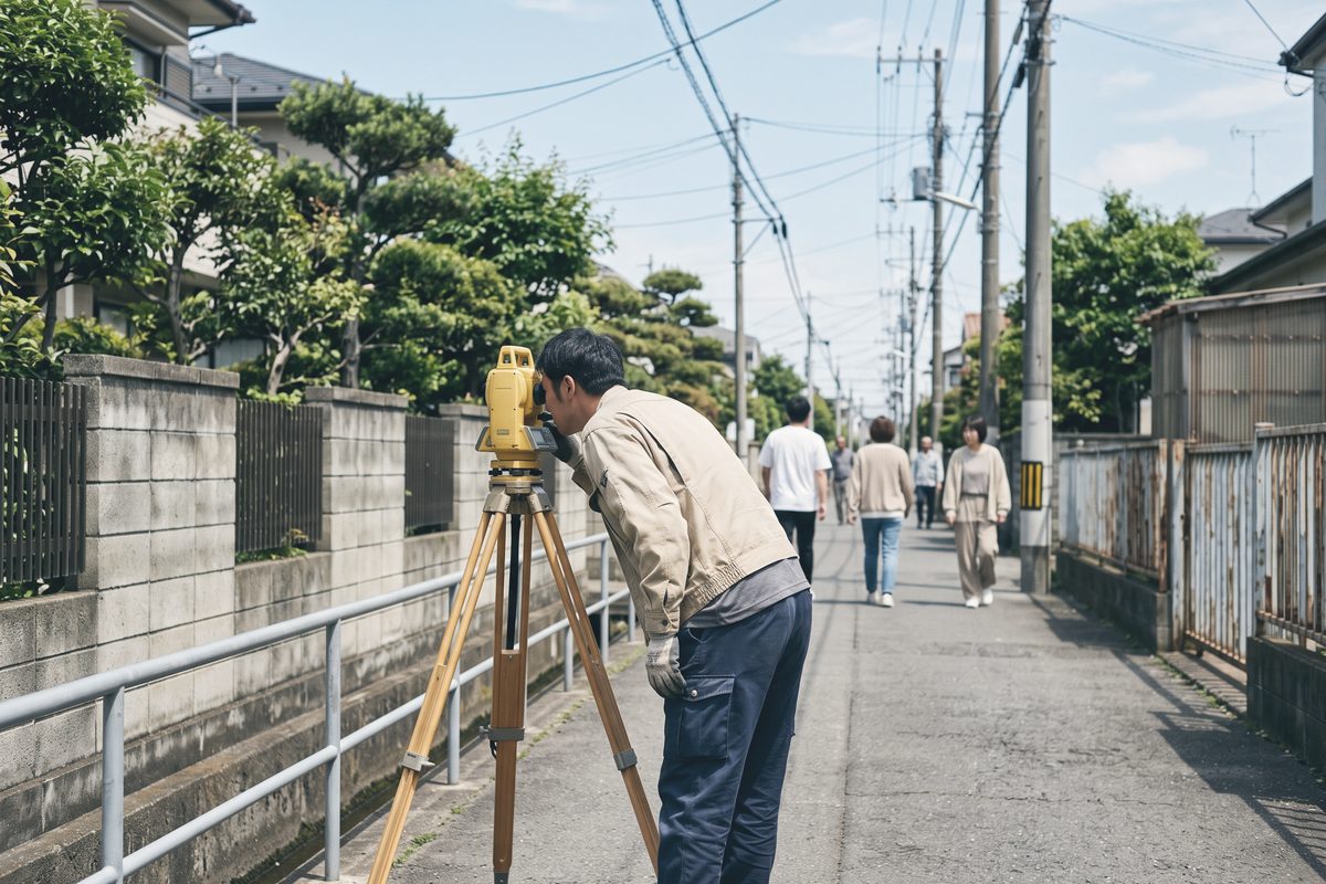 晴れた日の住宅街の細い道で、手すりの脇に据えた測量機をのぞき込んでいる人