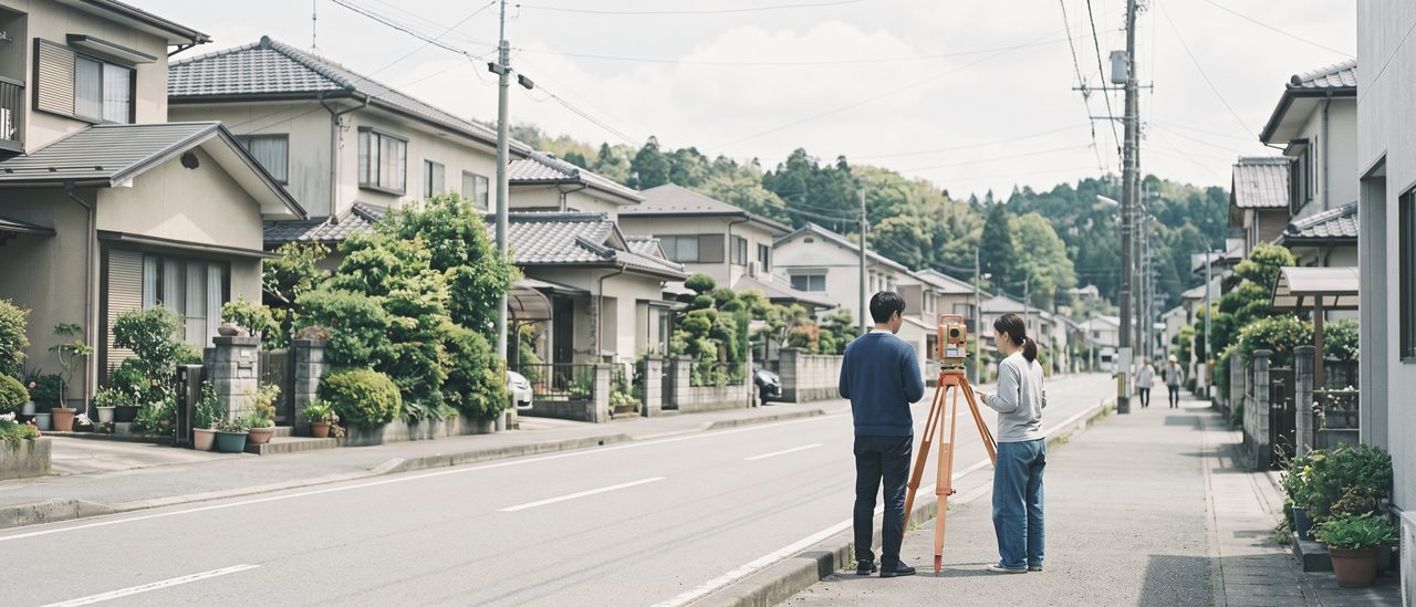 晴れた住宅街の歩道で、三脚の測量機のそばに立つ2人