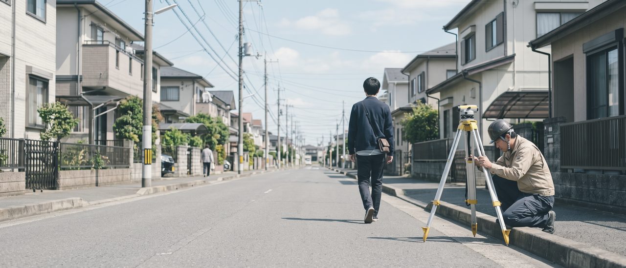晴れた日の住宅街の道路で、道の端に据えた三脚の測量機をしゃがんで確かめる人と、道を歩いていく人