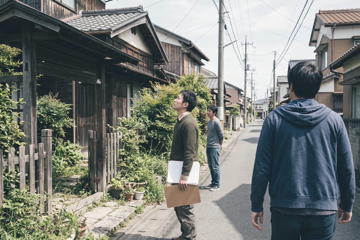 草の伸びた庭のある古い木造住宅の前で、クリップボードを持った人が屋根のあたりを見上げて確かめている