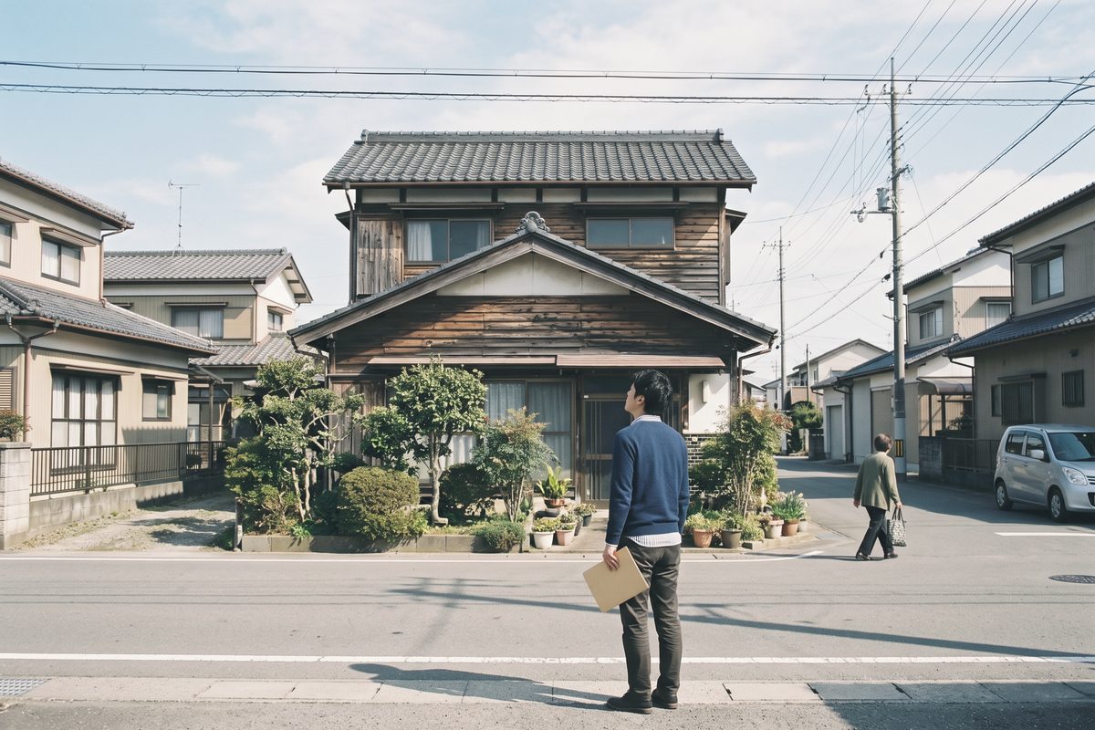 晴れた日の住宅街。道路の向かいに建つ木造2階建ての古い家を、フォルダを持った人が歩道から見ている
