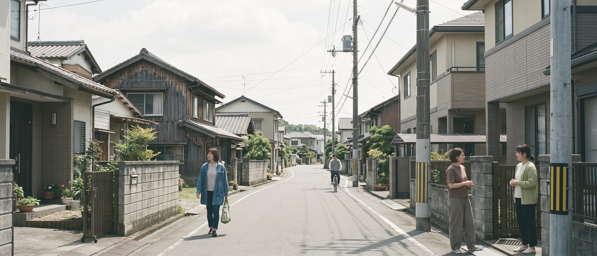 晴れた日の住宅街の通り。古い木造の家と新しい家が混ざって並び、買い物袋を持って歩く人や、門の前で話す2人がいる