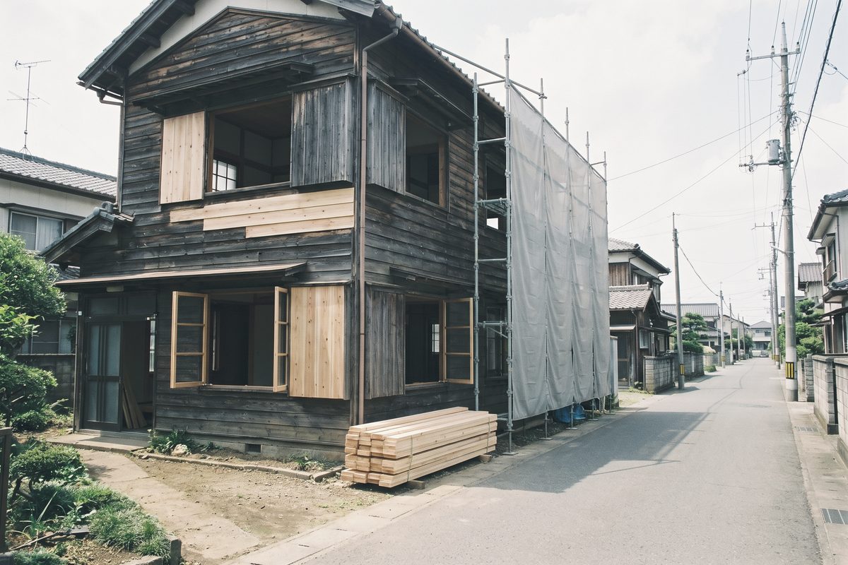 改修途中の古い2階建て木造の家。新しい木の板が張られ、窓が開け放たれ、側面には足場とシート、玄関脇に新しい木材が積まれている