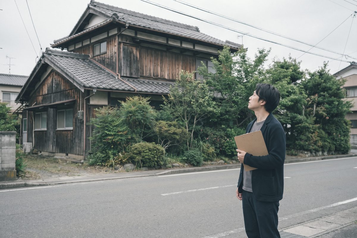 古い木造の空き家の前の道に一人で立ち、クリップボードを抱えて屋根を見上げている人