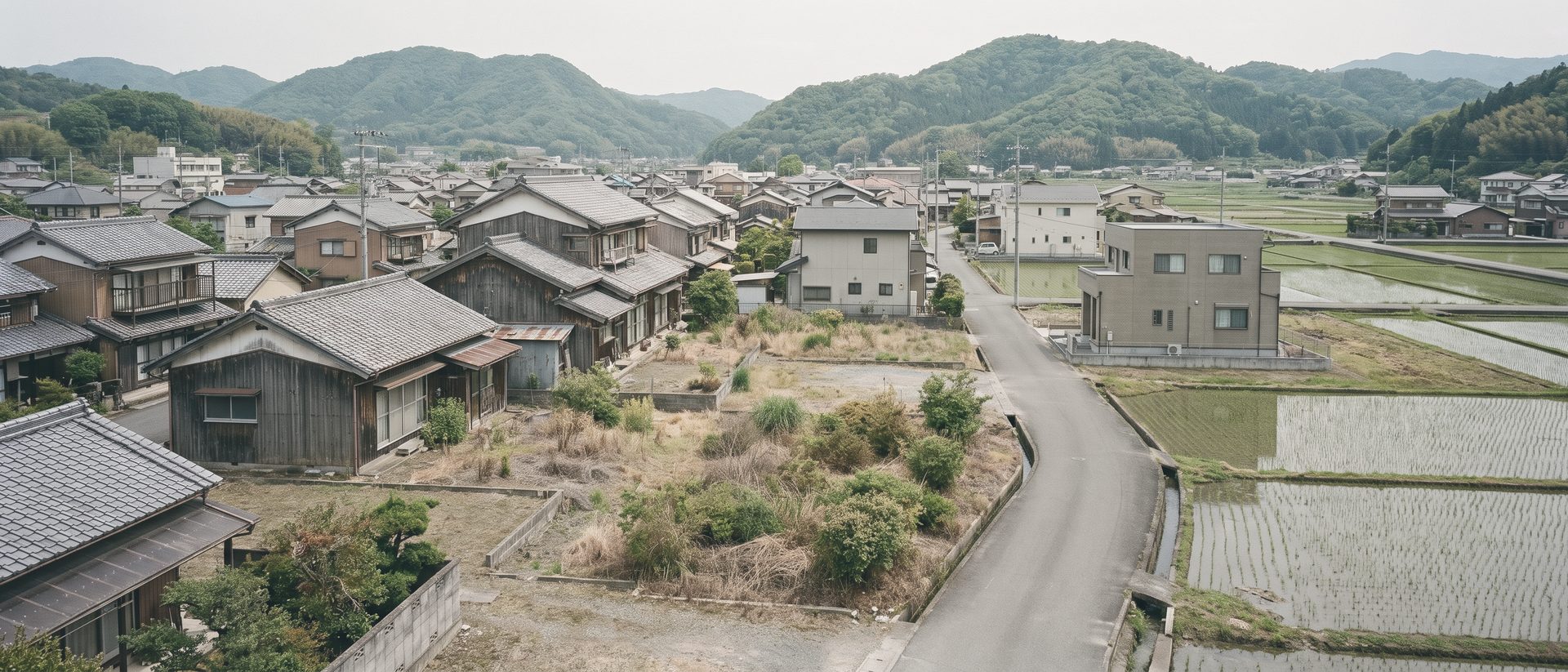 山に囲まれた地方の町を高いところから見下ろしている。古い木造の家の並びと、草の伸びた空き地、道の先には水を張った田んぼが広がる