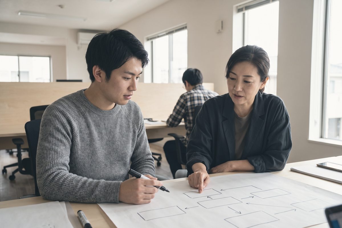 箱と矢印を自分のペンで描いている人と、その横で一か所だけを指さしている先輩