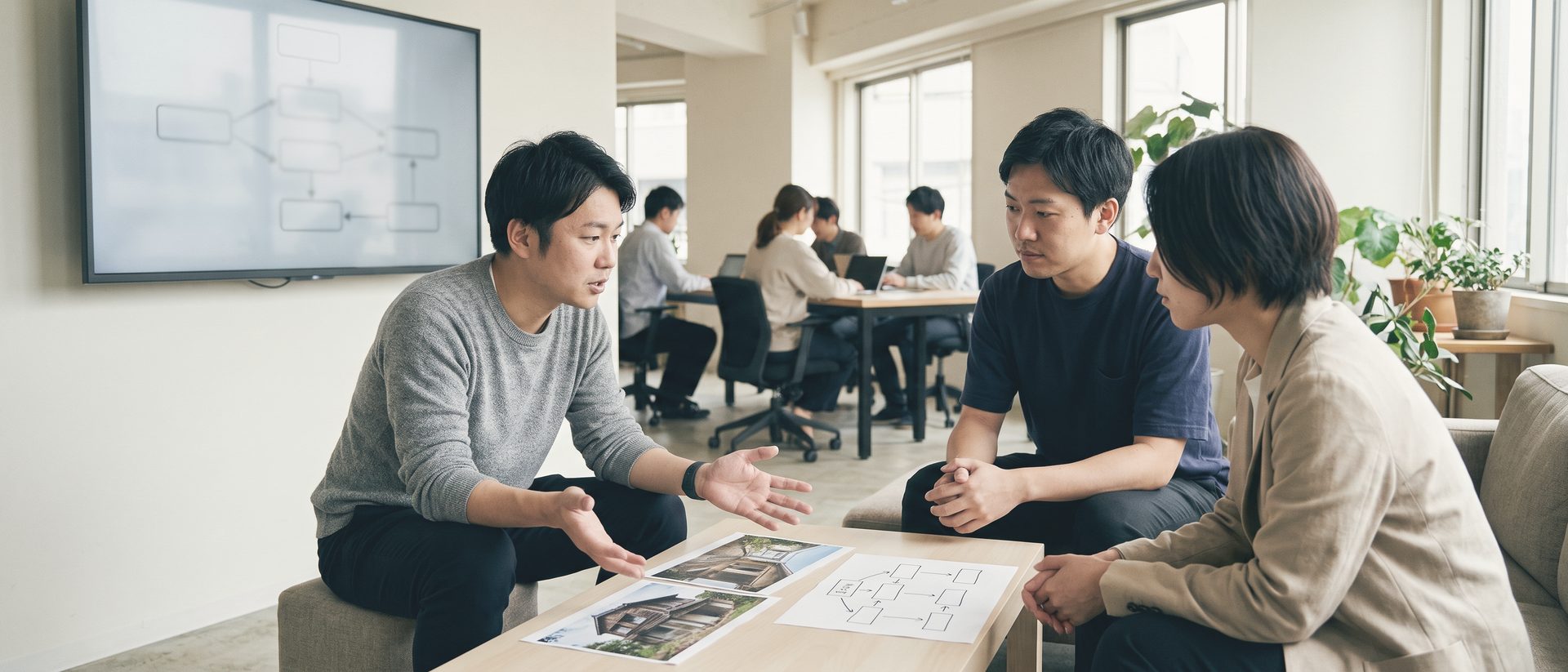 低い机に古い家の写真と箱と矢印を描いた紙を置き、1人が両手を広げて説明し、2人が身を乗り出して聞いている