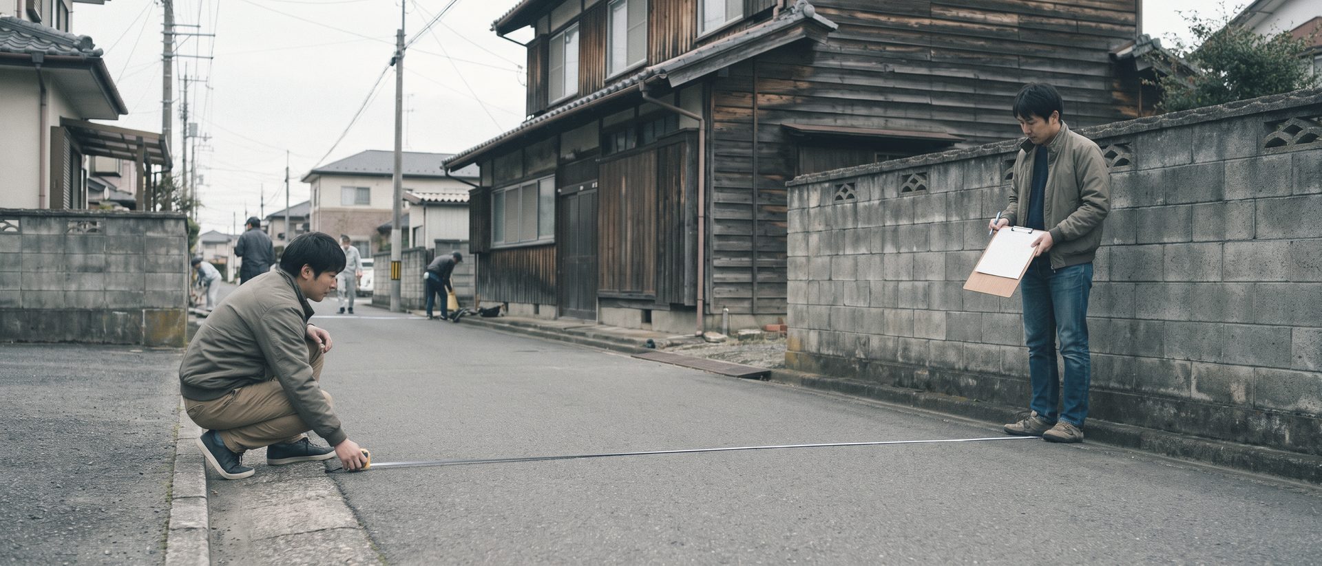 古い木造の家の前の細い道で、1人がしゃがんでメジャーの端を押さえ、もう1人が向かいの塀の前でクリップボードを持って道幅を測っている