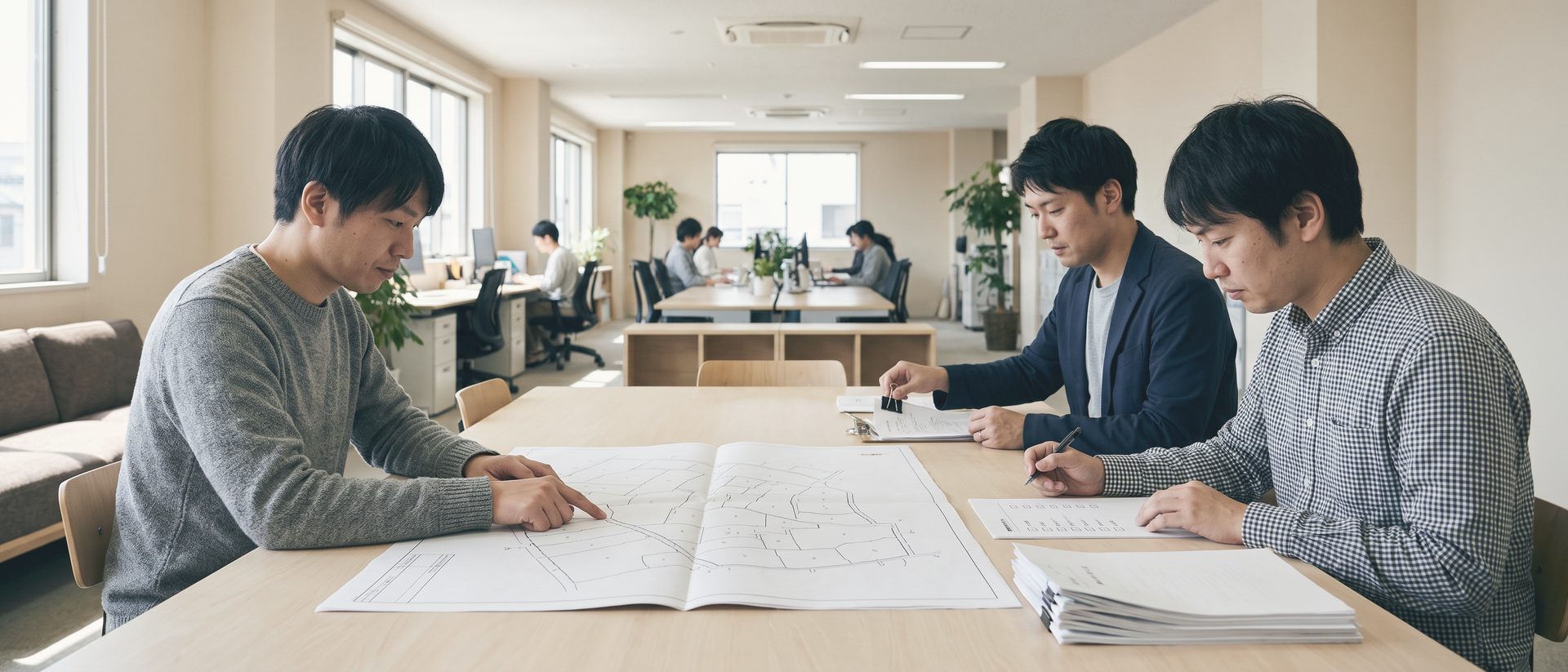 区画の線だけが描かれた大きな地図を机に広げ、1人が境の線を指でたどり、2人が書類を留めたり書き込んだりしている
