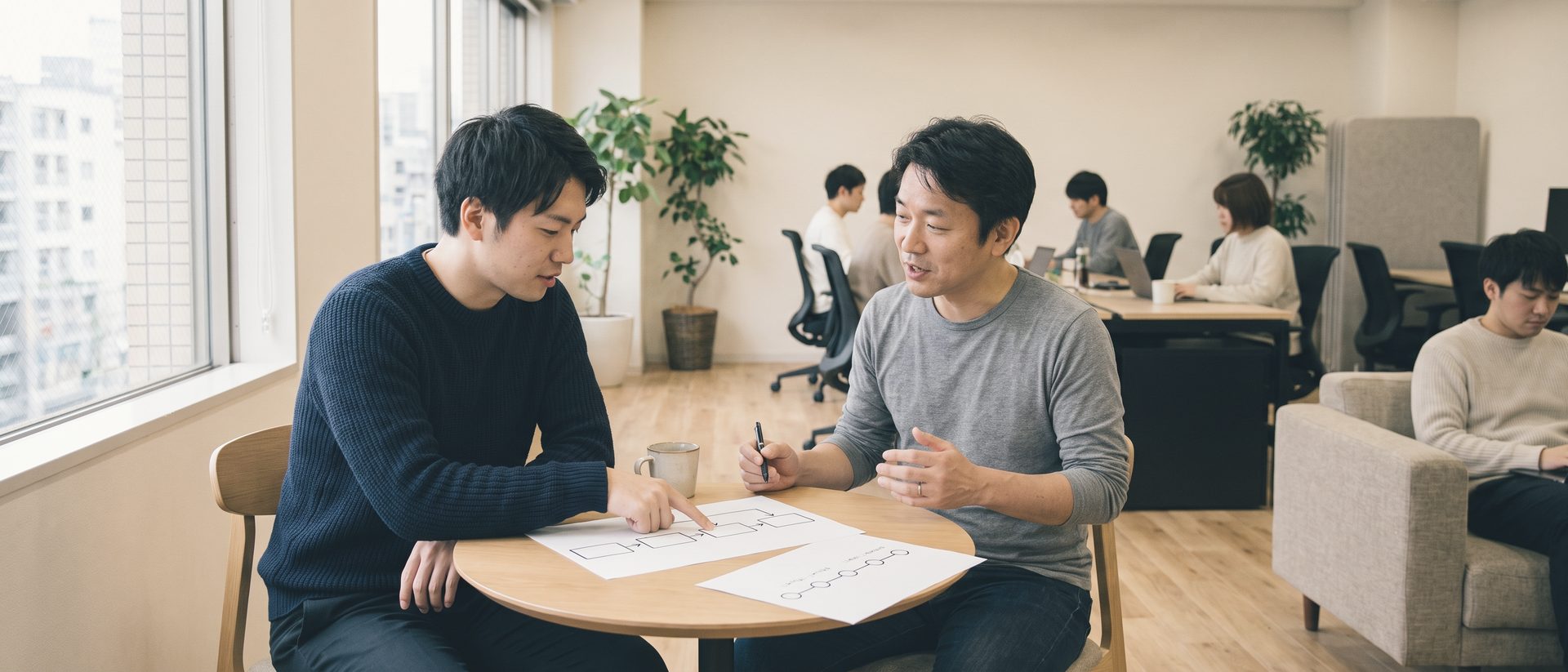 窓際の丸テーブルで、1人が箱と矢印を描いた紙を指さし、向かいの年上の人がペンを持って話している
