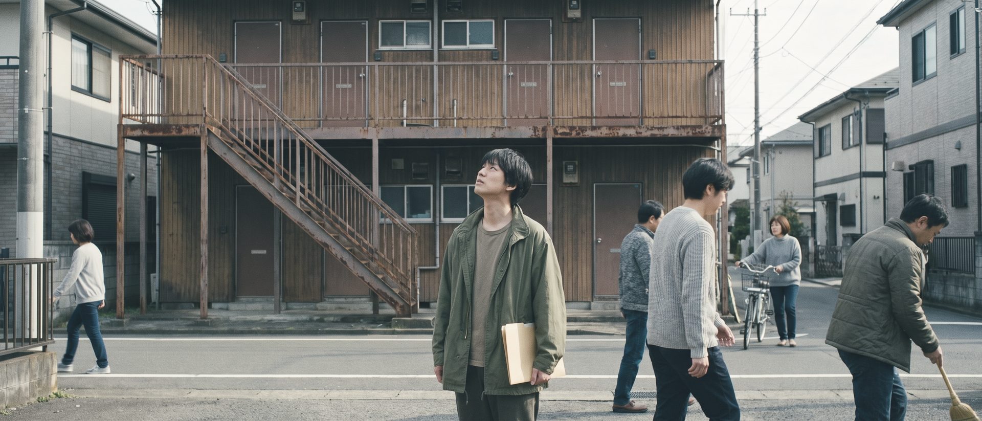 外階段のある古い木造2階建てのアパートの前の道で、書類ばさみを抱えた人が建物を見上げている
