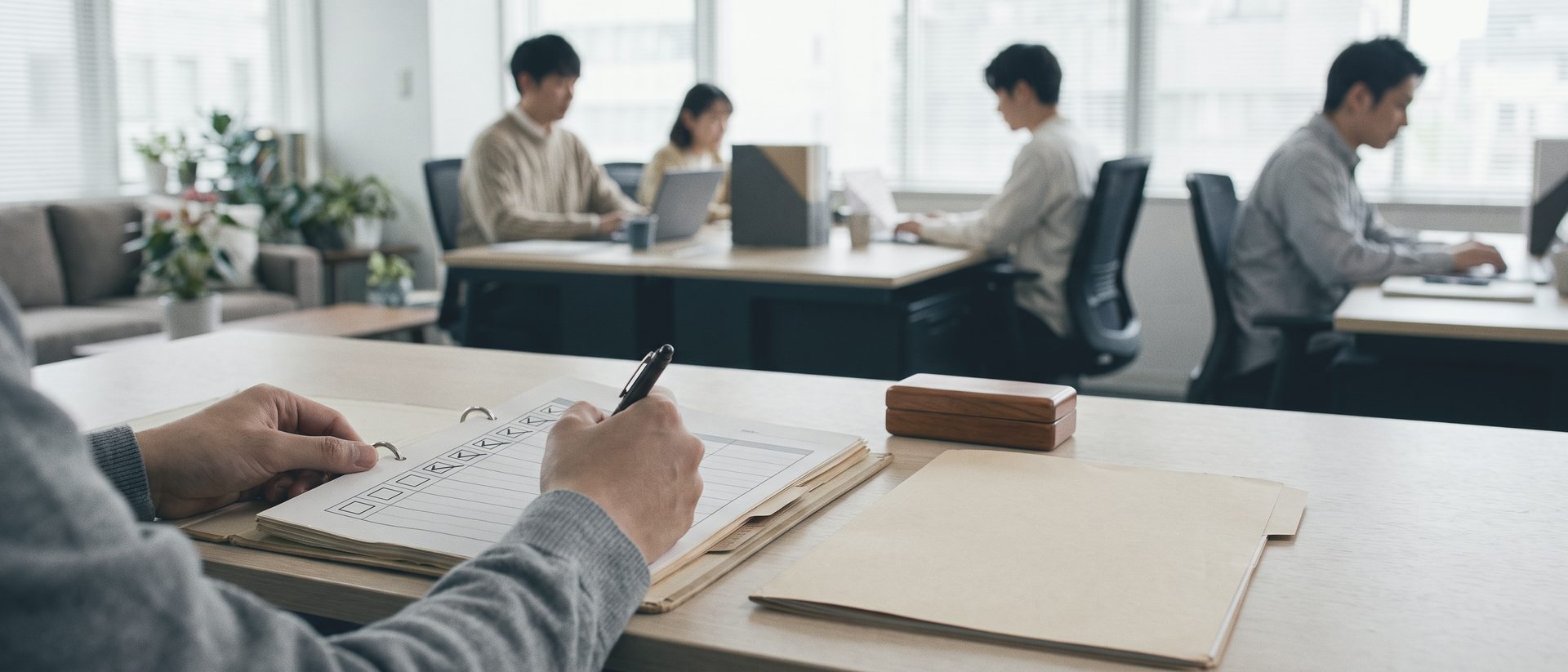 机の上のバインダーに、四角い空欄が縦に並んだ一覧があり、手が上から順に印を入れている。脇に木の印鑑ケースと閉じたフォルダ