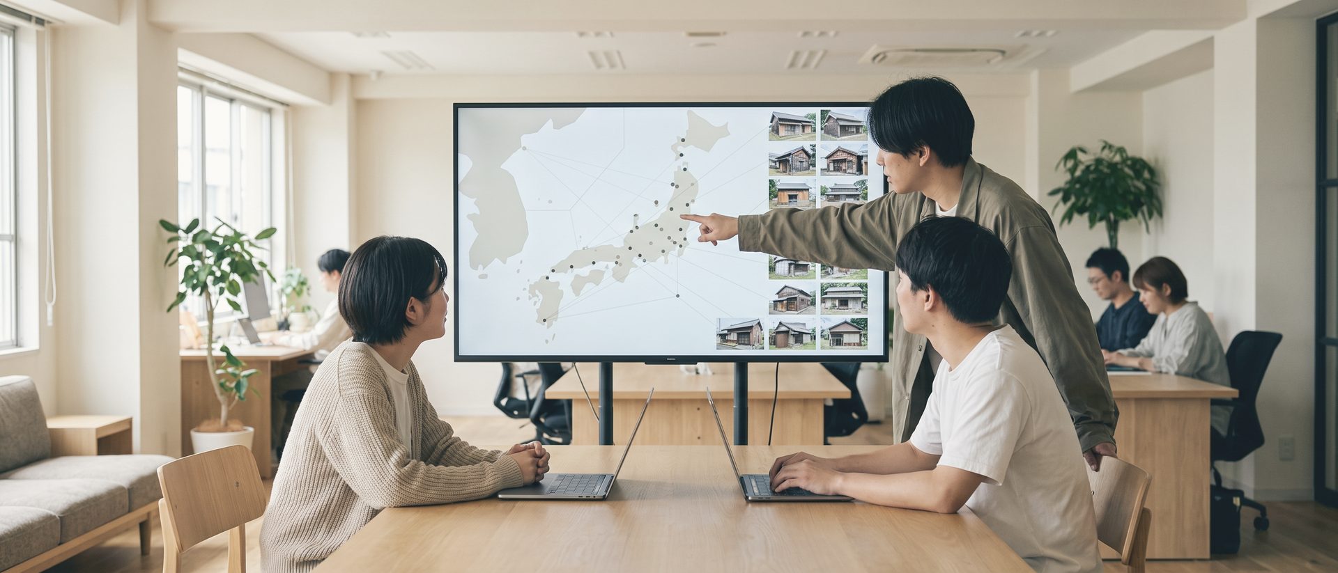 日本地図に点が散らばり、横に古い家の写真が並んだ大きな画面を1人が指さし、机の2人がそれを見ている