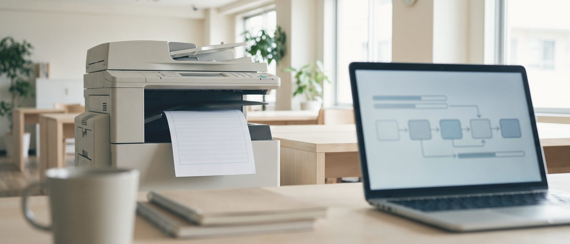 事務所の複合機から罫線だけの紙が出てきている。手前のノートパソコンには、矢印でつながった箱と進み具合の帯