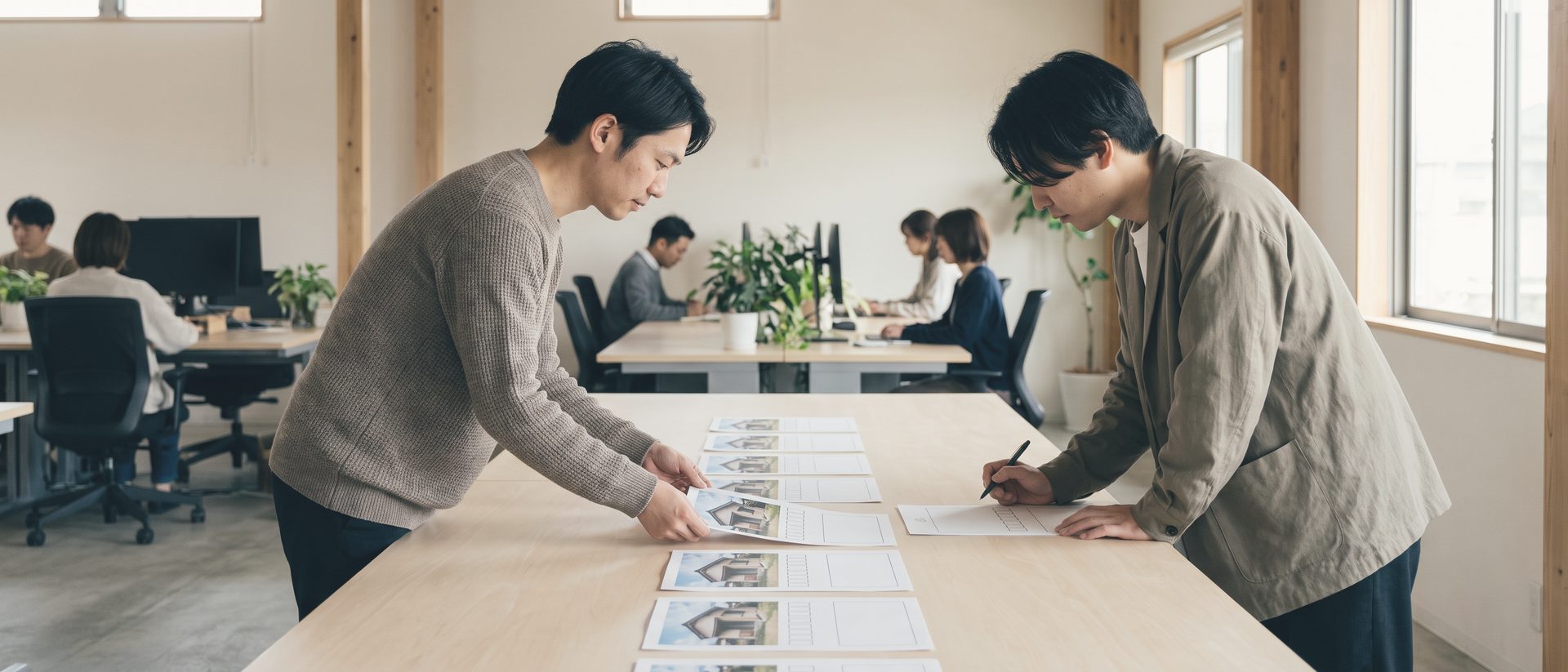 長い机に、家の写真と空欄の表を組にした紙を1列に並べ、2人が1枚ずつ見比べながら書き込んでいる