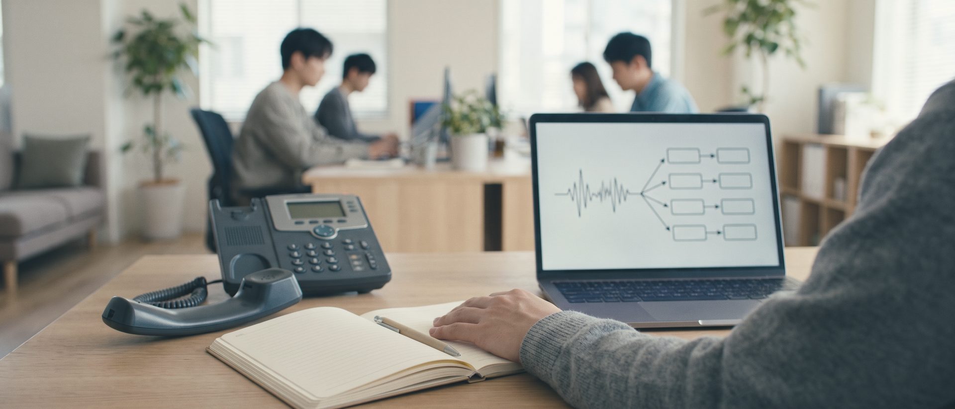 机の上の電話機とノート。隣のノートパソコンの画面では、音の波形が4本に分かれて箱の列につながっている