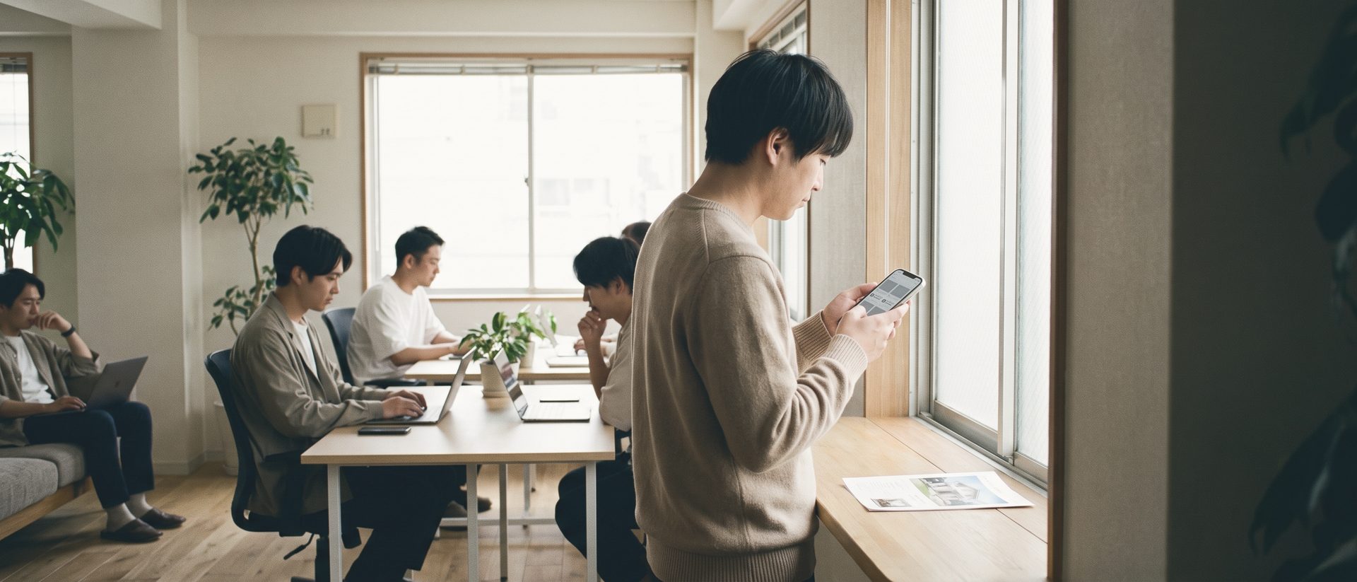 窓際に立ってスマートフォンを両手で持ち、画面を読んでいる人。窓台に家の写真の載ったチラシがあり、奥では数人が机で作業している