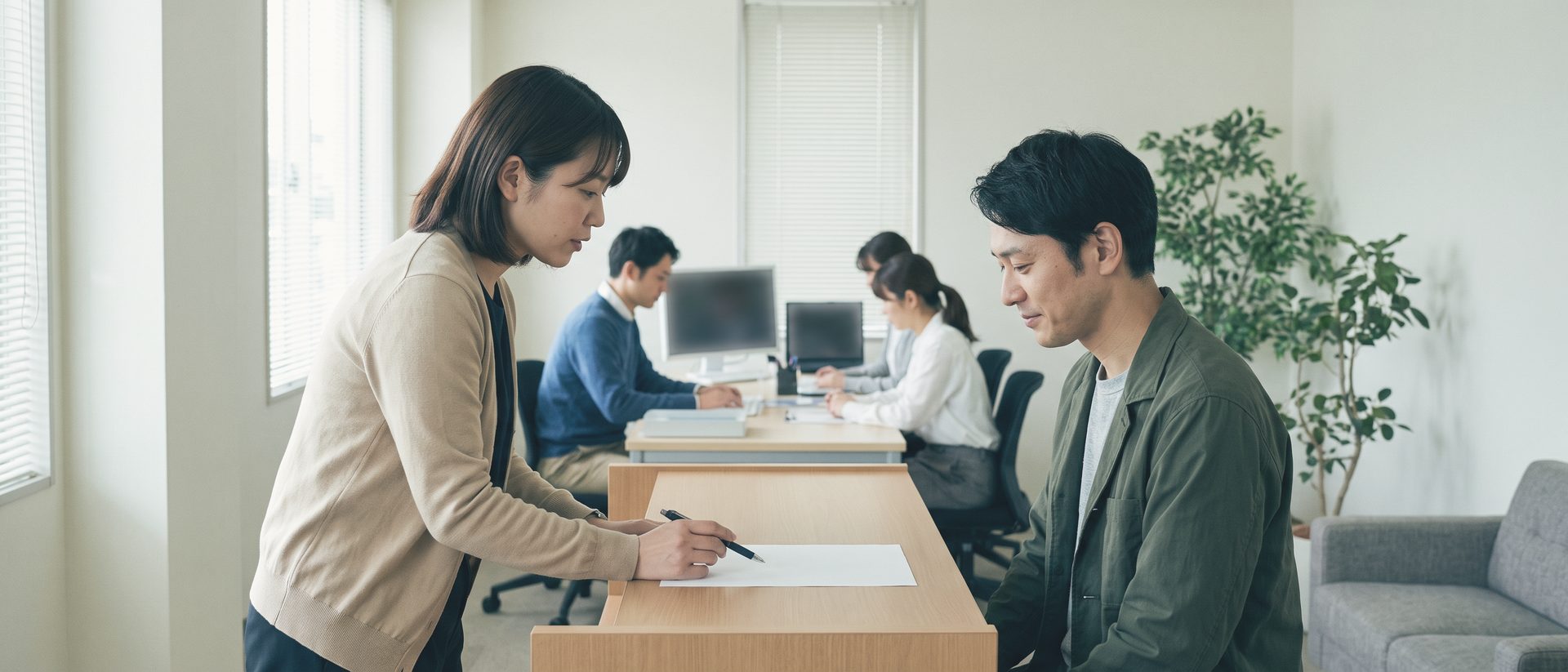 金融機関の相談窓口のカウンターで、カーディガンの担当者が紙にペンを当てて説明し、向かいの人が聞いている