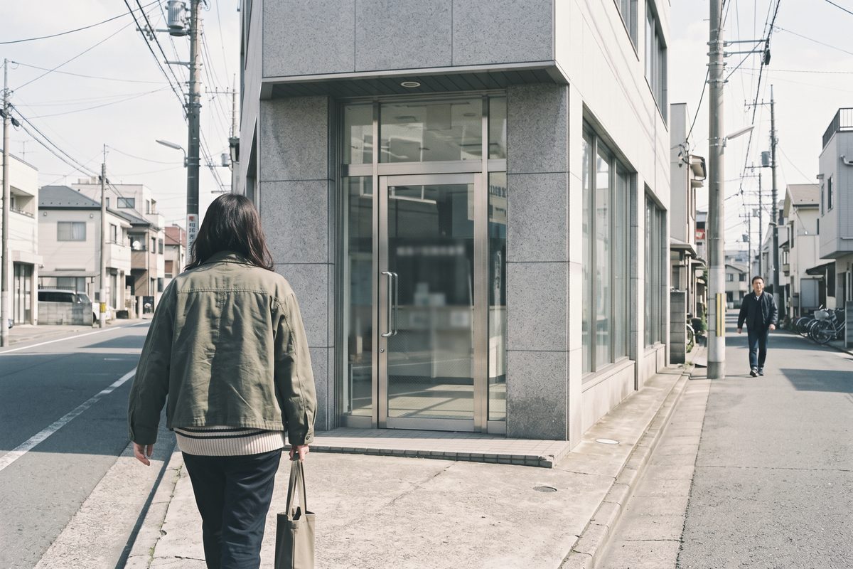 晴れた日の通りを、石張りの低い建物の入口へ向かって歩いていく人の後ろ姿