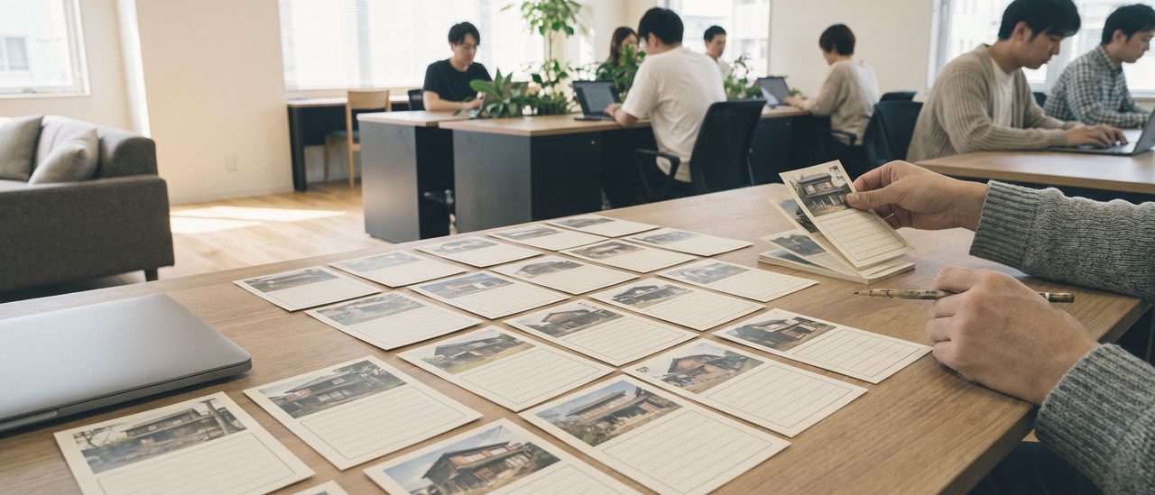 長い机に、古い家の写真と空欄の罫を組にしたカードが格子に並んでいる。片方の手が数枚を抜き出して脇に重ね、もう片方の手が鉛筆を持っている