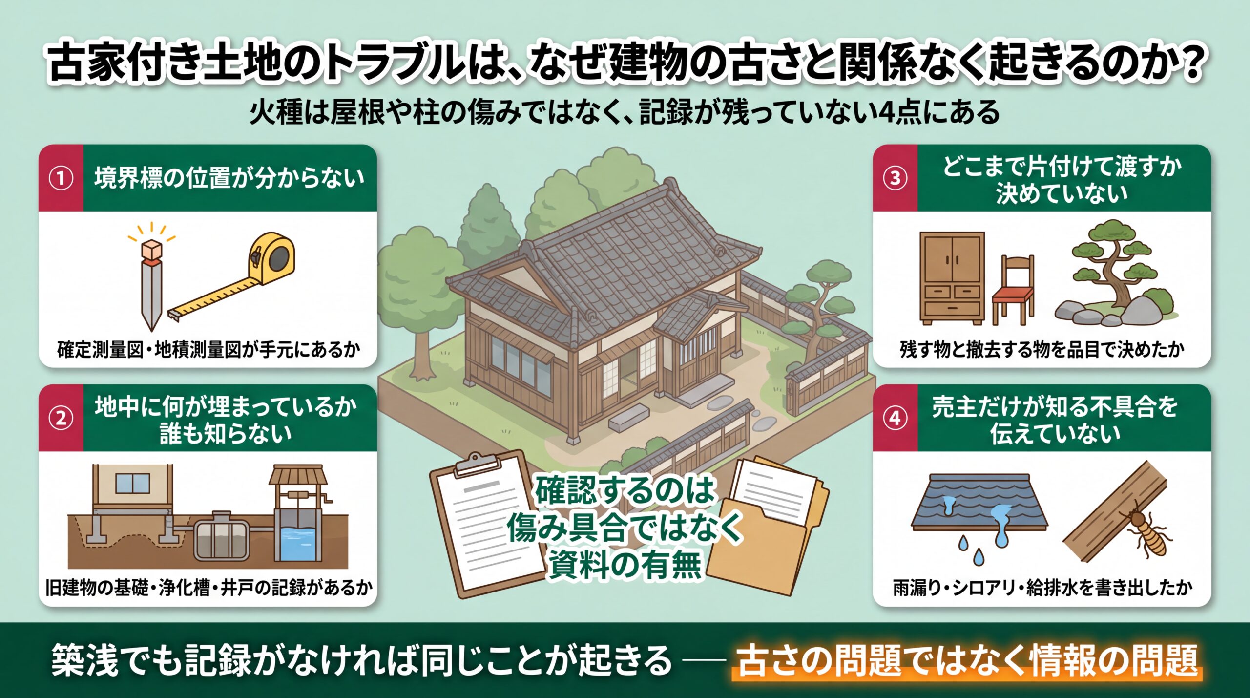 境界標の位置・地中の埋設物・引き渡し範囲・売主だけが知る不具合という4つの記録の有無がトラブルの火種になることを整理した図解