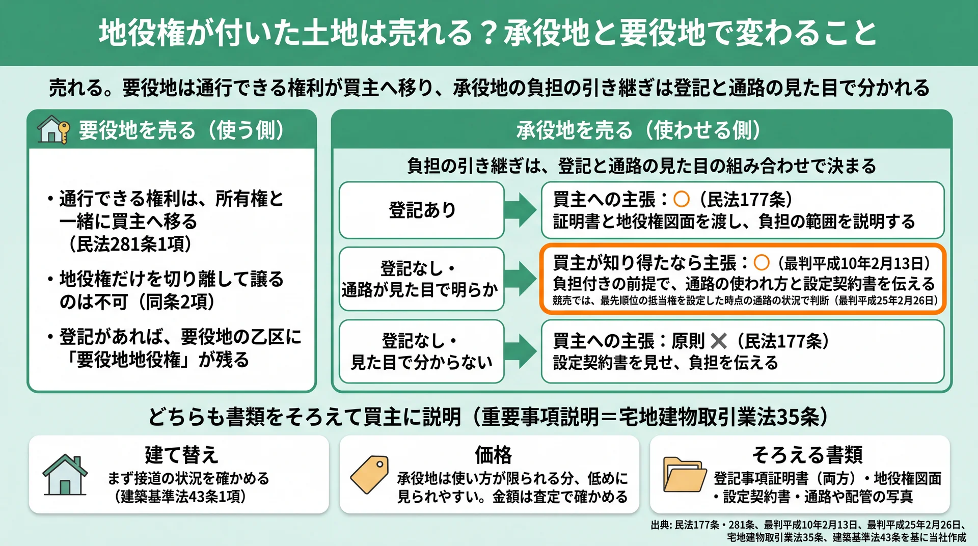要役地は権利が買主へ移り、承役地の負担は登記と通路の見た目の3区分で引き継ぎが決まることを示す図
