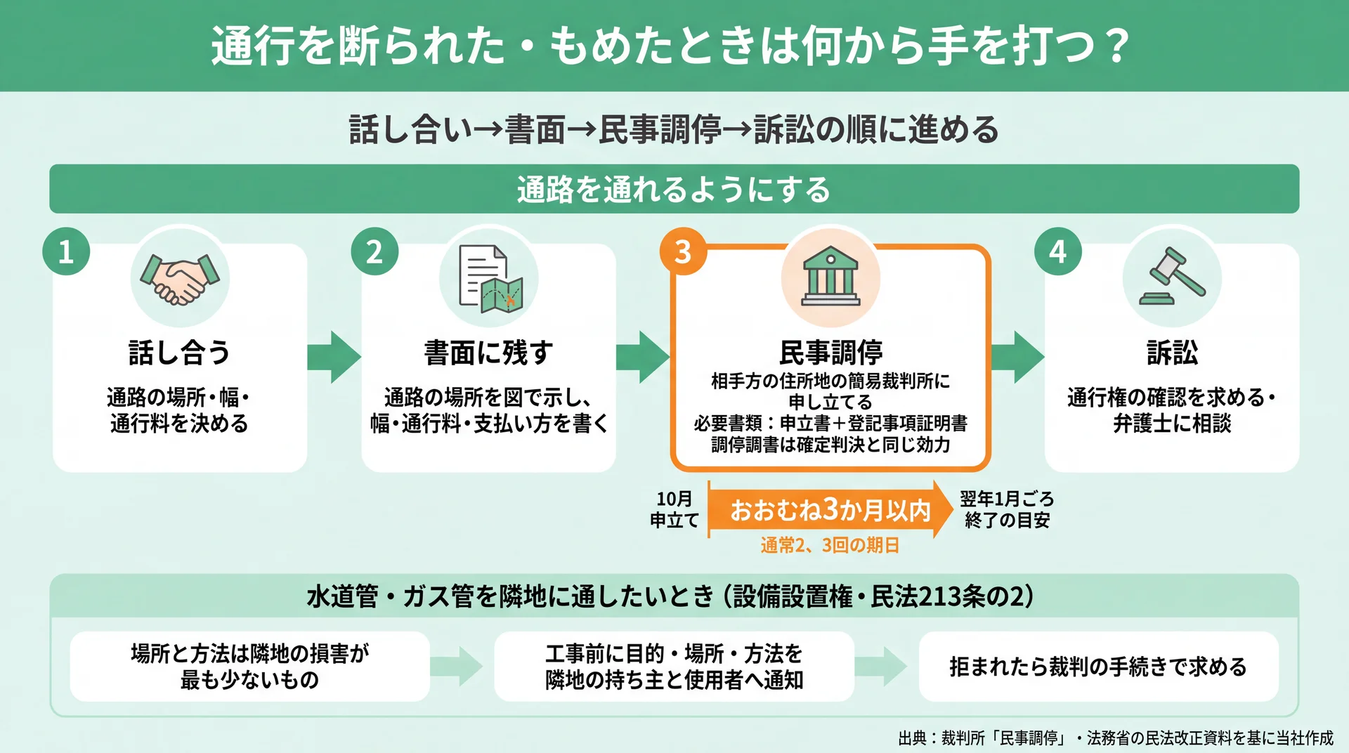 話し合い・書面・民事調停・訴訟の4段階と、調停のおおむね3か月の目安、設備設置権の手順をまとめた流れ図